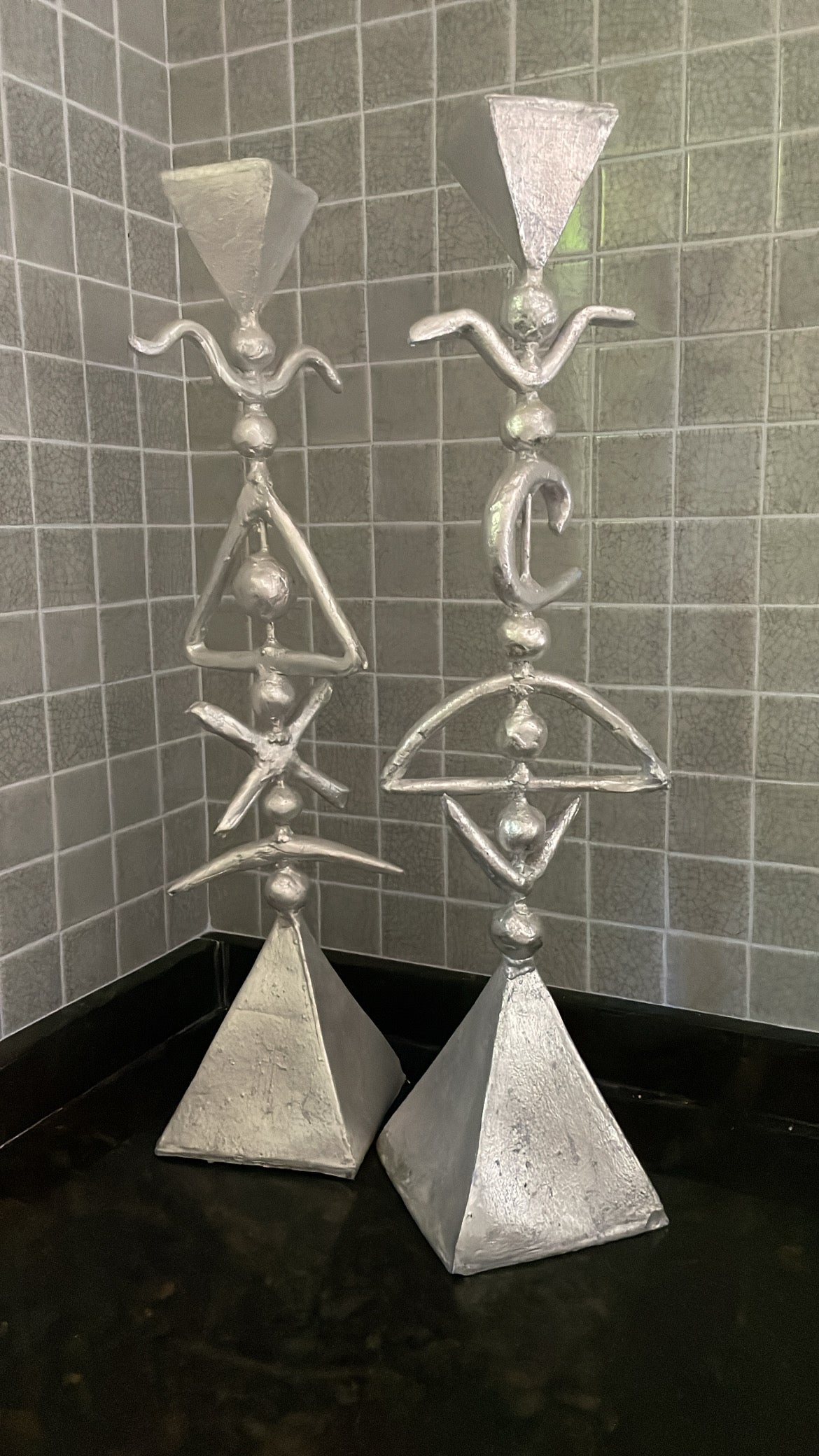 Monumental Pair of Ceramic and Silver-leafed Studio Art Candlestick Holders