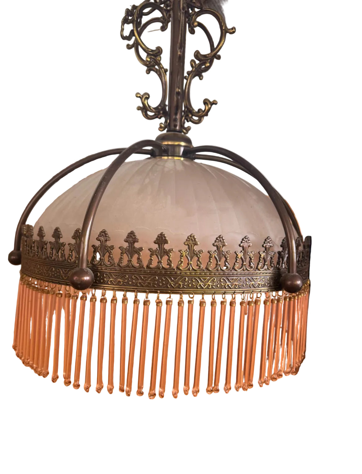 1920s/30s Frosted Glass Dome Chandelier with Brass Crown Detailing and Pink Blown Glass Beads (FREE SHIPPING)