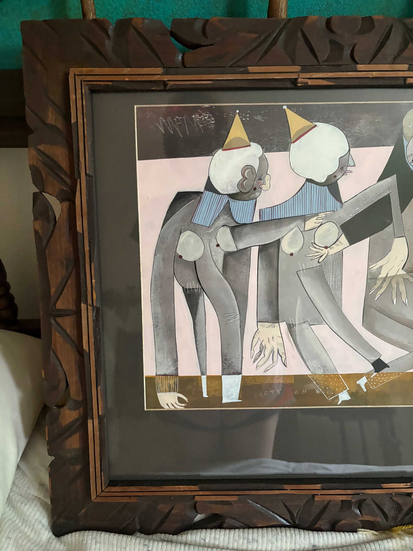 Modern Figurative Mixed Medium Original in Antique Carved Wood Frame (FREE SHIPPING)