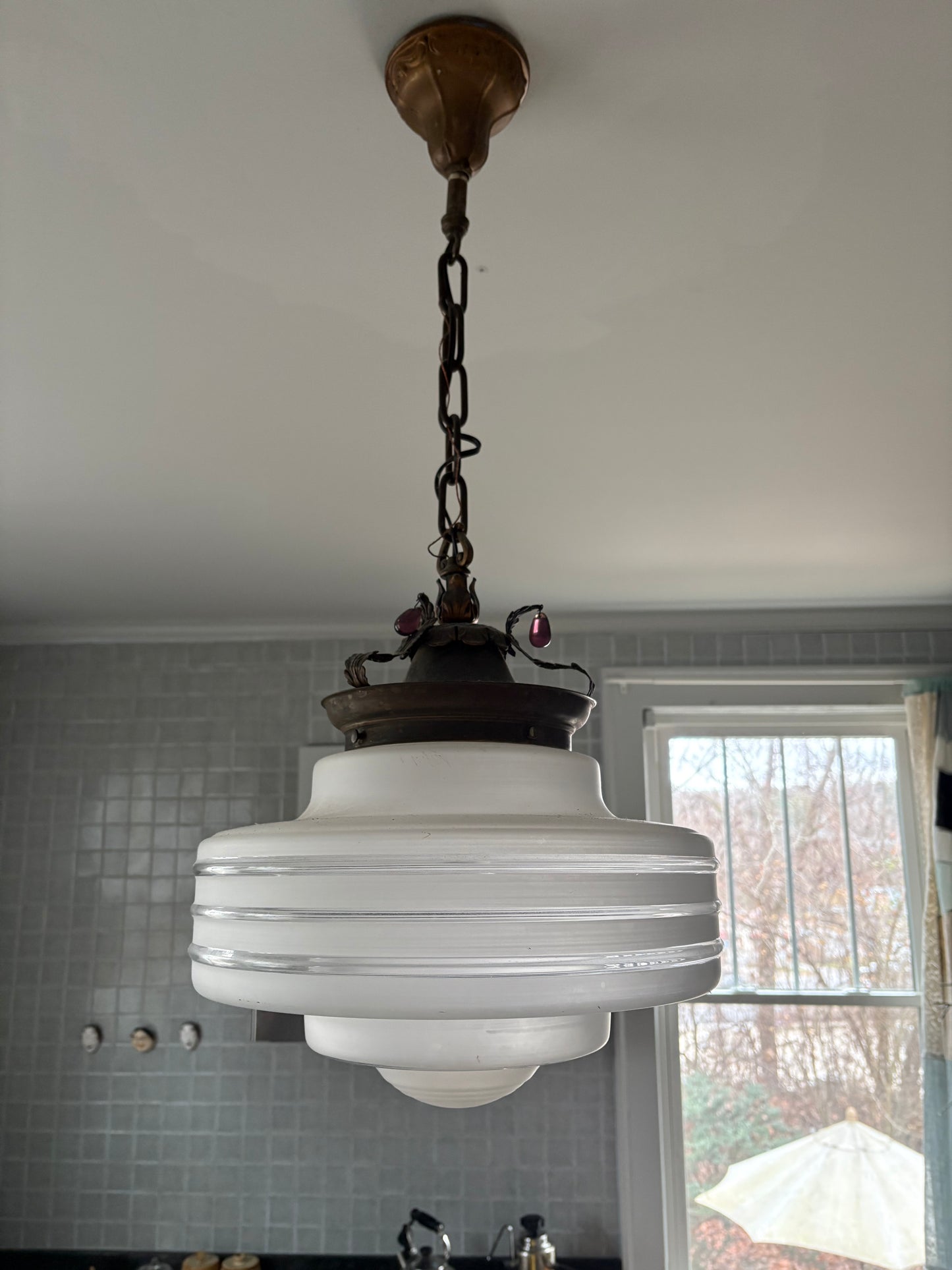 1930s Pendant Light with Glass Globe and Brass Canopy (FREE SHIPPING)