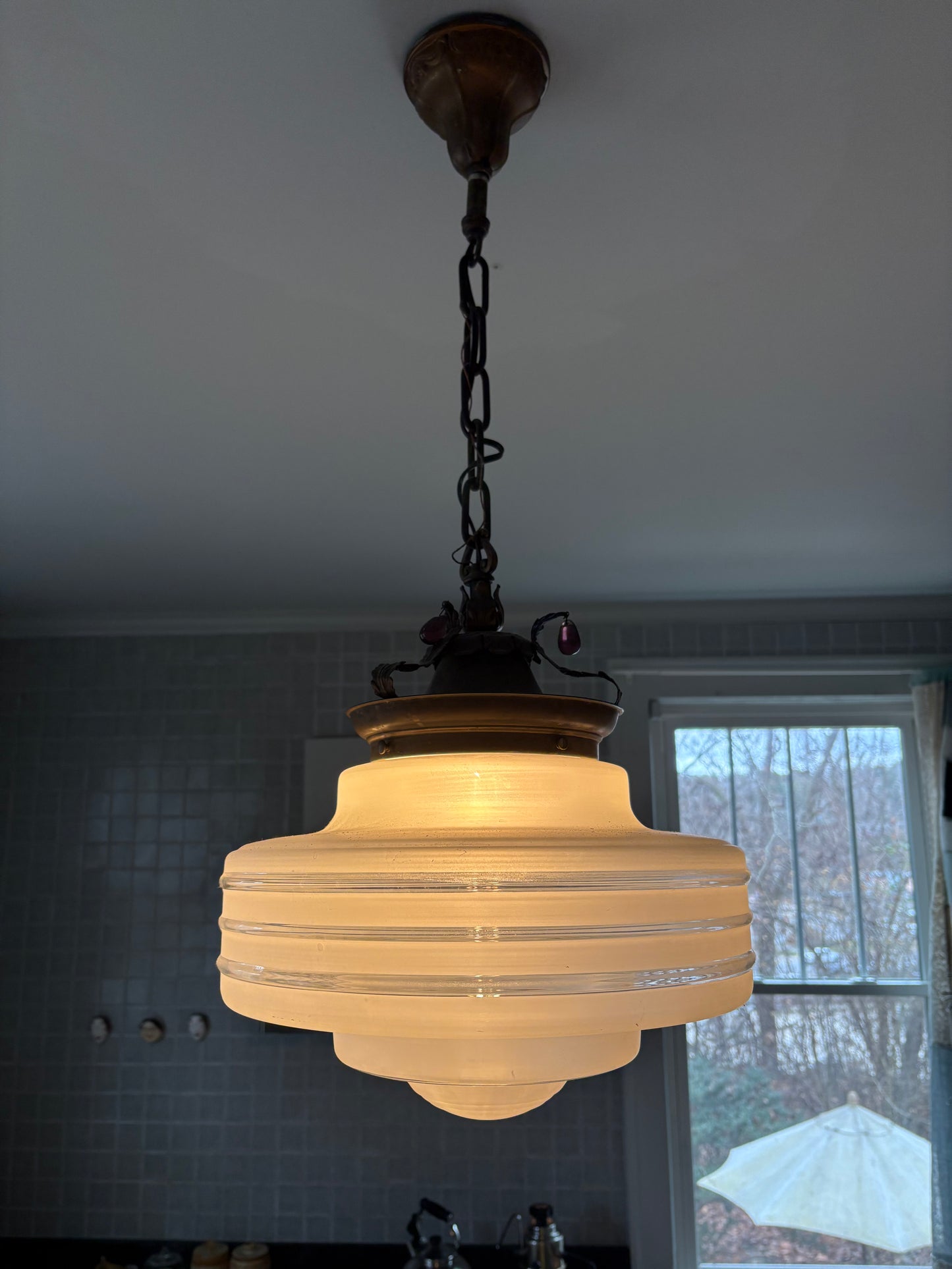 1930s Pendant Light with Glass Globe and Brass Canopy (FREE SHIPPING)