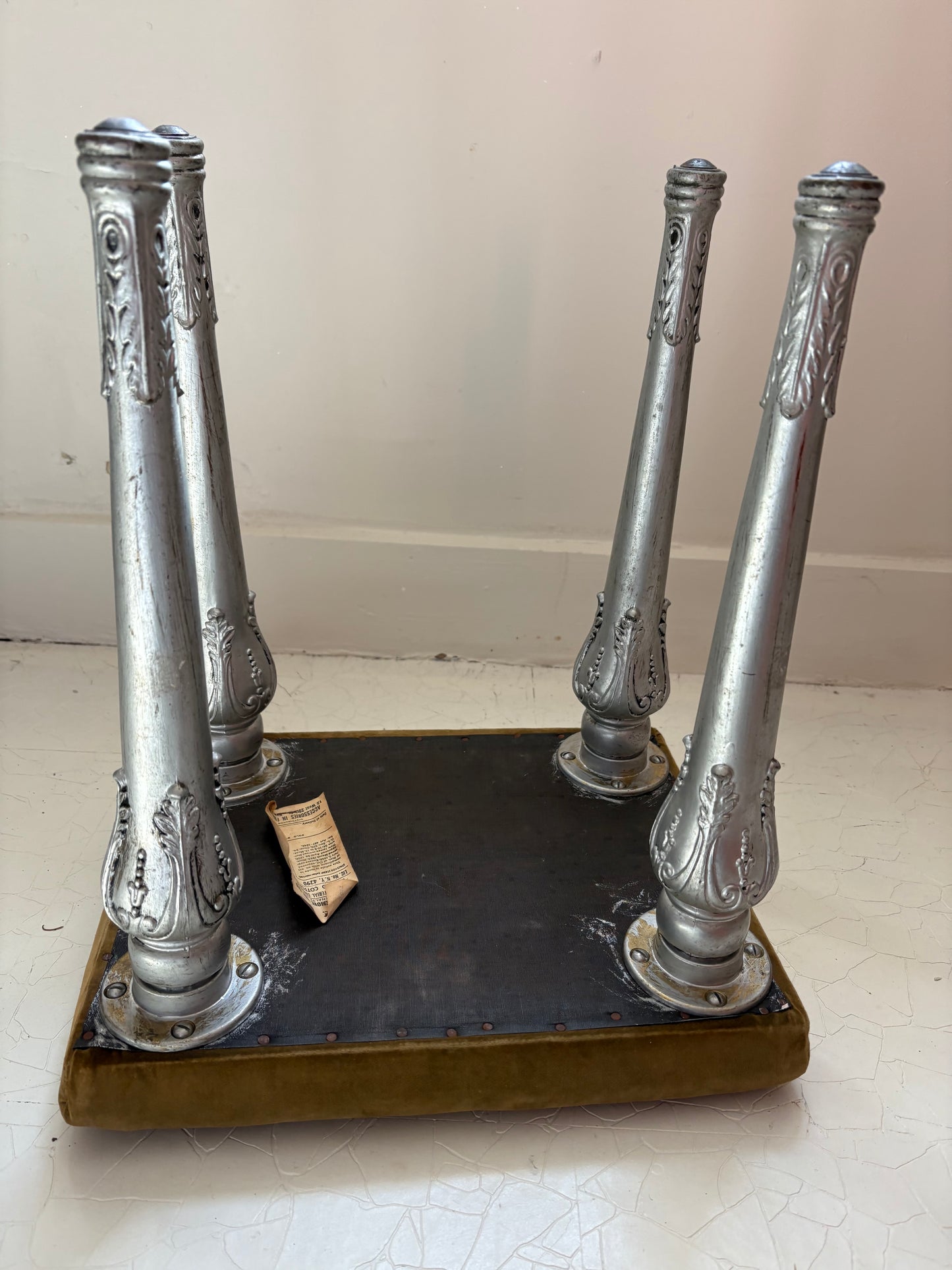 1920s Antique Silvered Cast Iron and Chartreuse Velvet Stool (FREE SHIPPING)