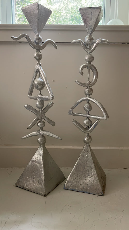 Monumental Pair of Ceramic and Silver-leafed Studio Art Candlestick Holders