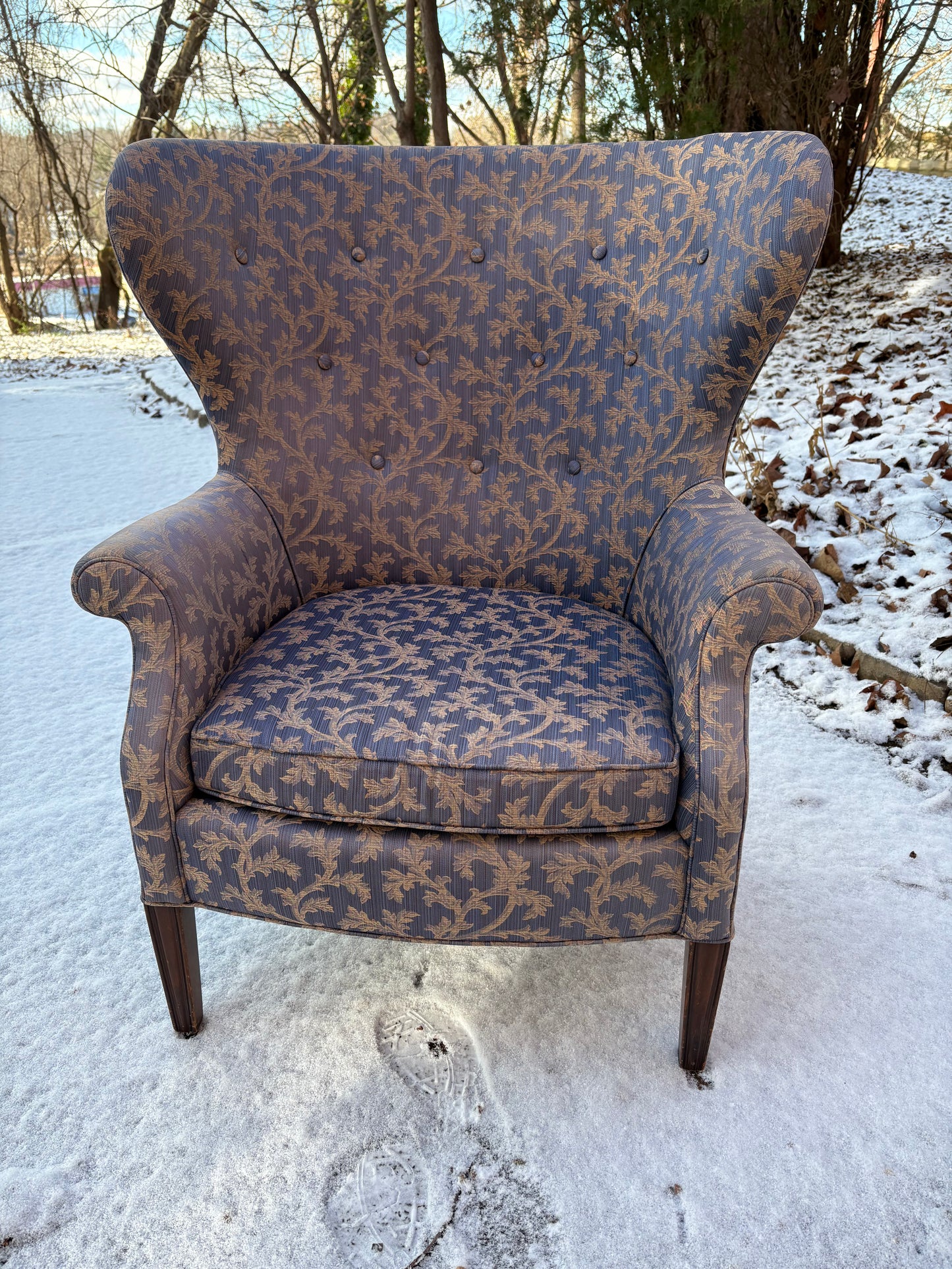 1960s Butterfly Wingback Chair Upholstered in Periwinkle Silk Fabric