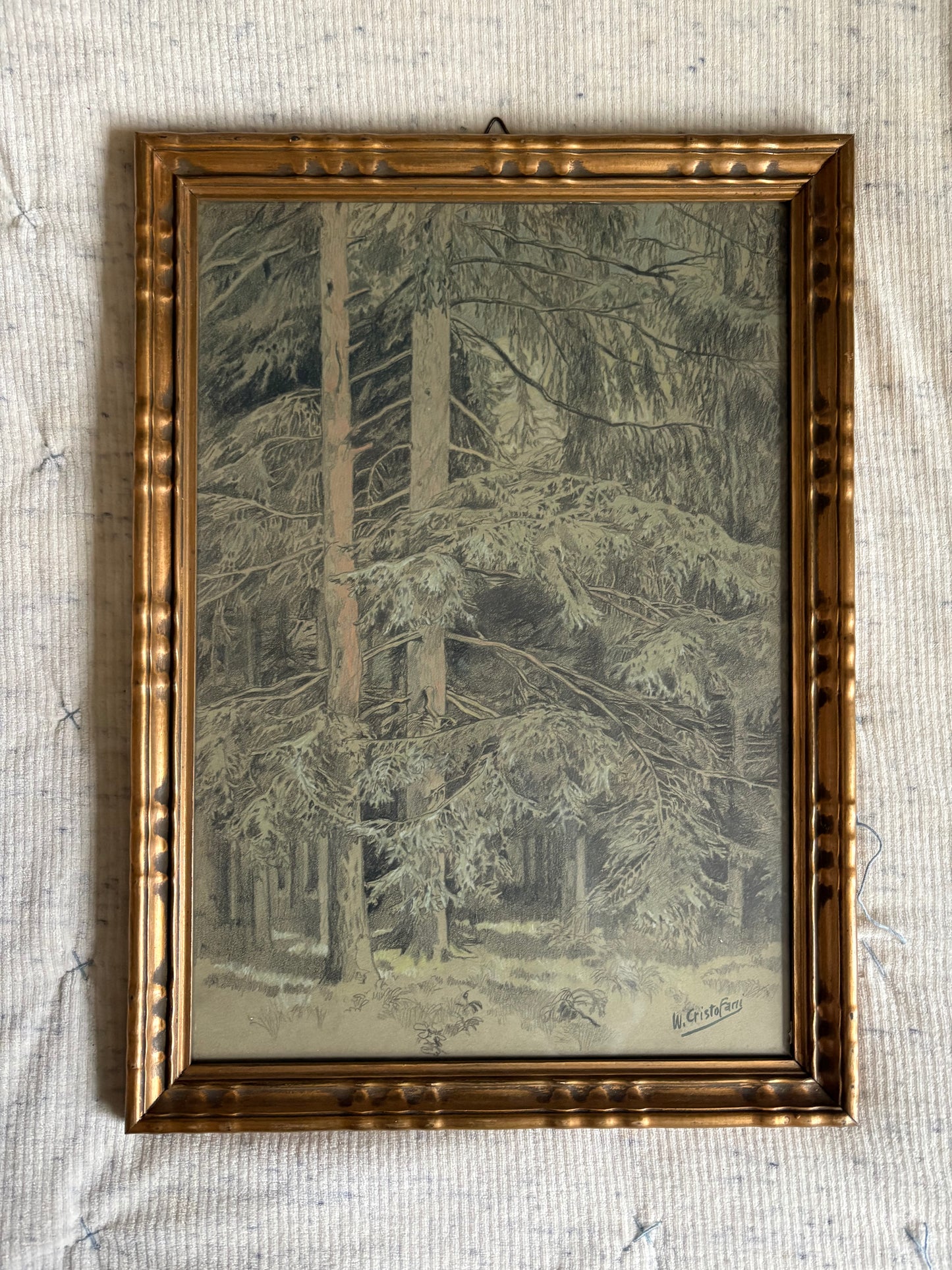 1925 Original Pastel and Graphite Drawing of a Forest Scene in Gilt Frame (FREE SHIPPING)