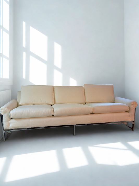 1960s Chrome Couch Covered in Quilted White Fabric