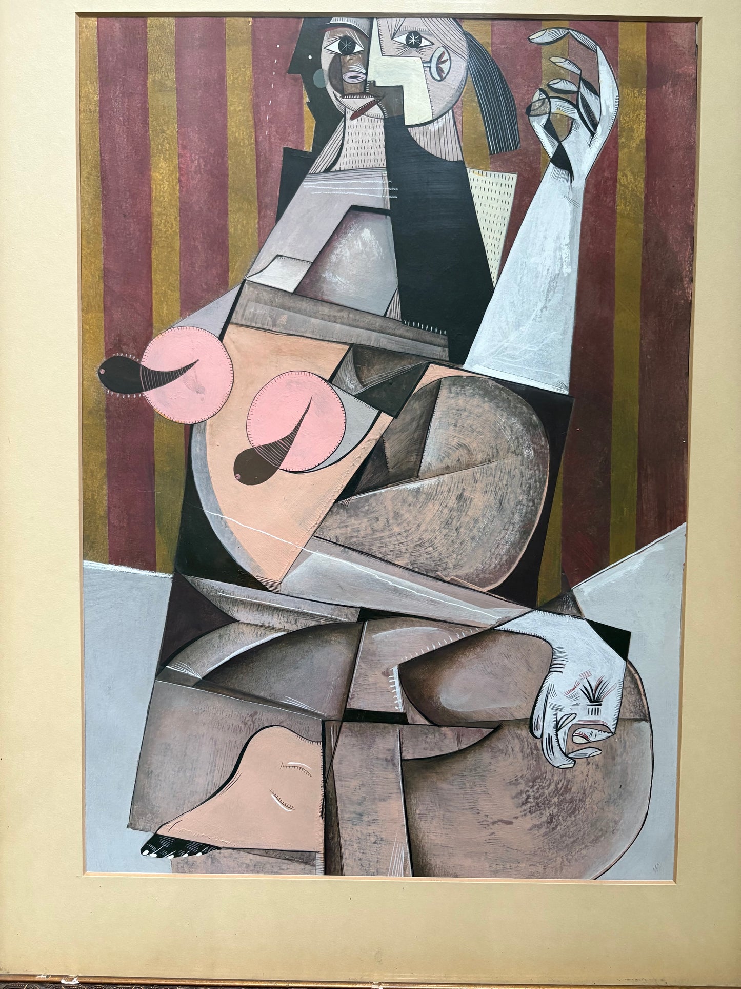 Modern Cubist Nude Original in Antique Art Nouveau Frame (FREE SHIPPING)