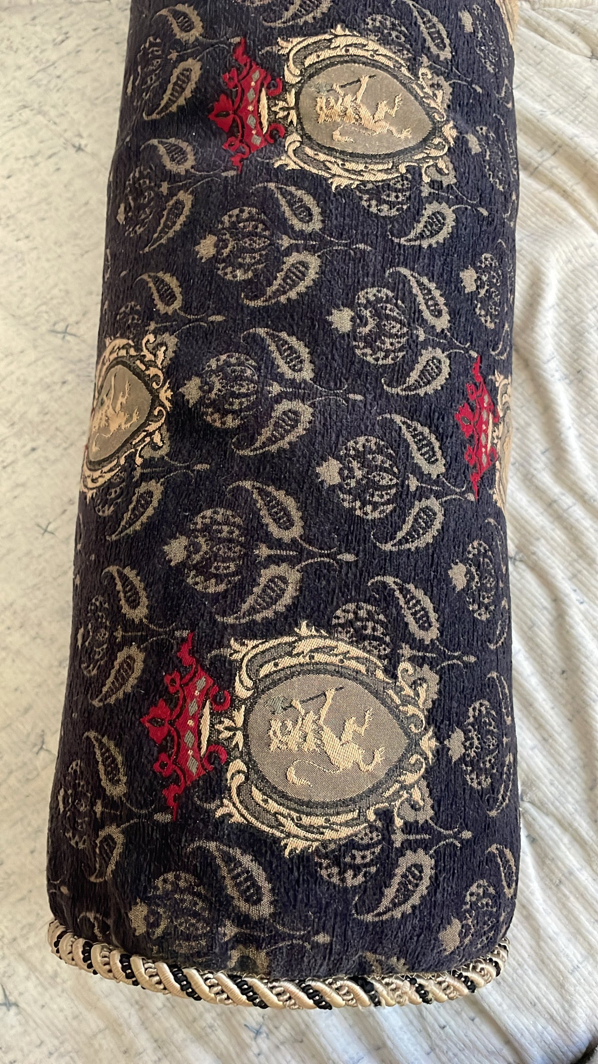 Custom Bolster with Tapestry Fabric and Roped Piping