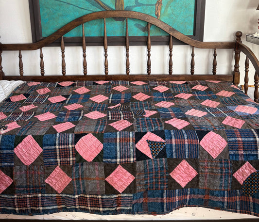 Antique Plaid and Checkered Patchwork Quilt- Twin (FREE SHIPPING)