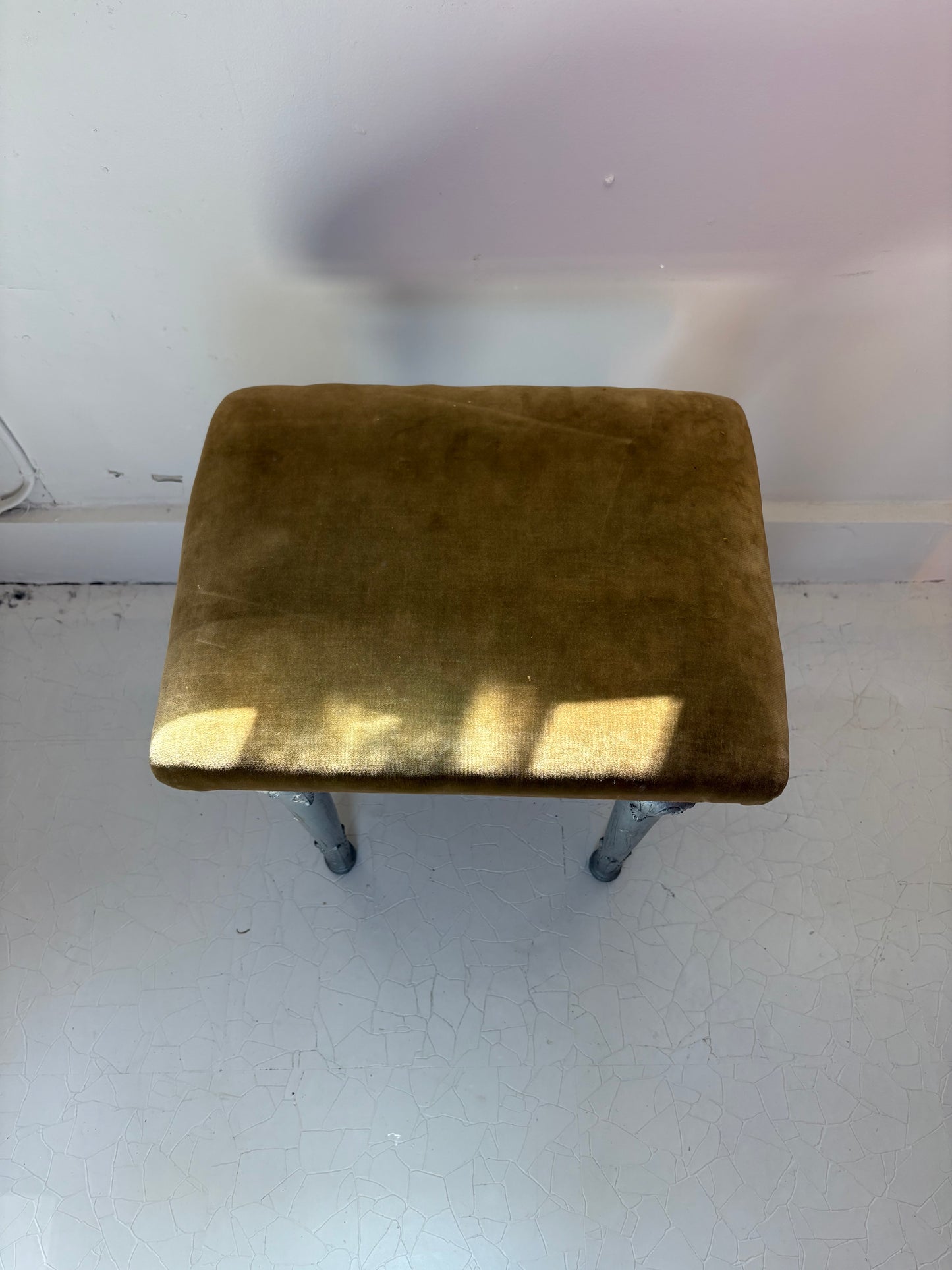 1920s Antique Silvered Cast Iron and Chartreuse Velvet Stool (FREE SHIPPING)