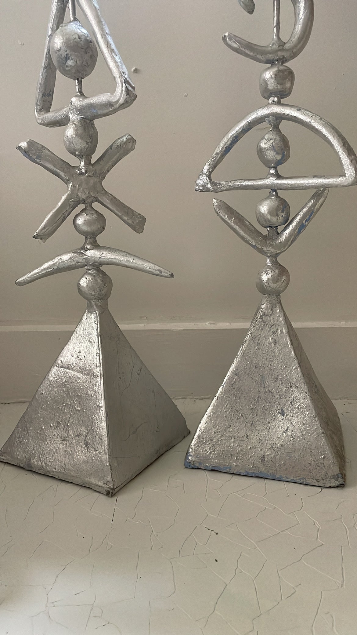 Monumental Pair of Ceramic and Silver-leafed Studio Art Candlestick Holders