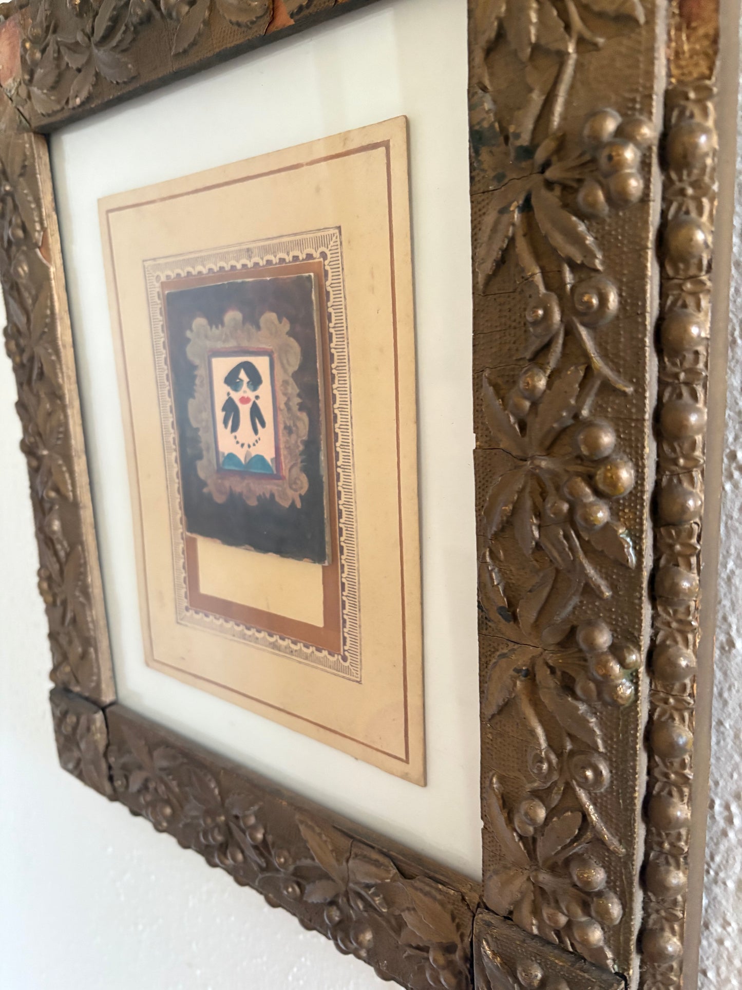 Miniature Watercolor Portrait in Floating Mats and Antique Frame (FREE SHIPPING)