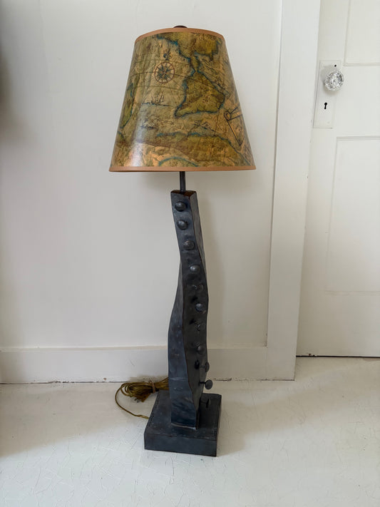 Modernist Hammered Metal Lamp with 1960s World Map Shade (FREE SHIPPING)
