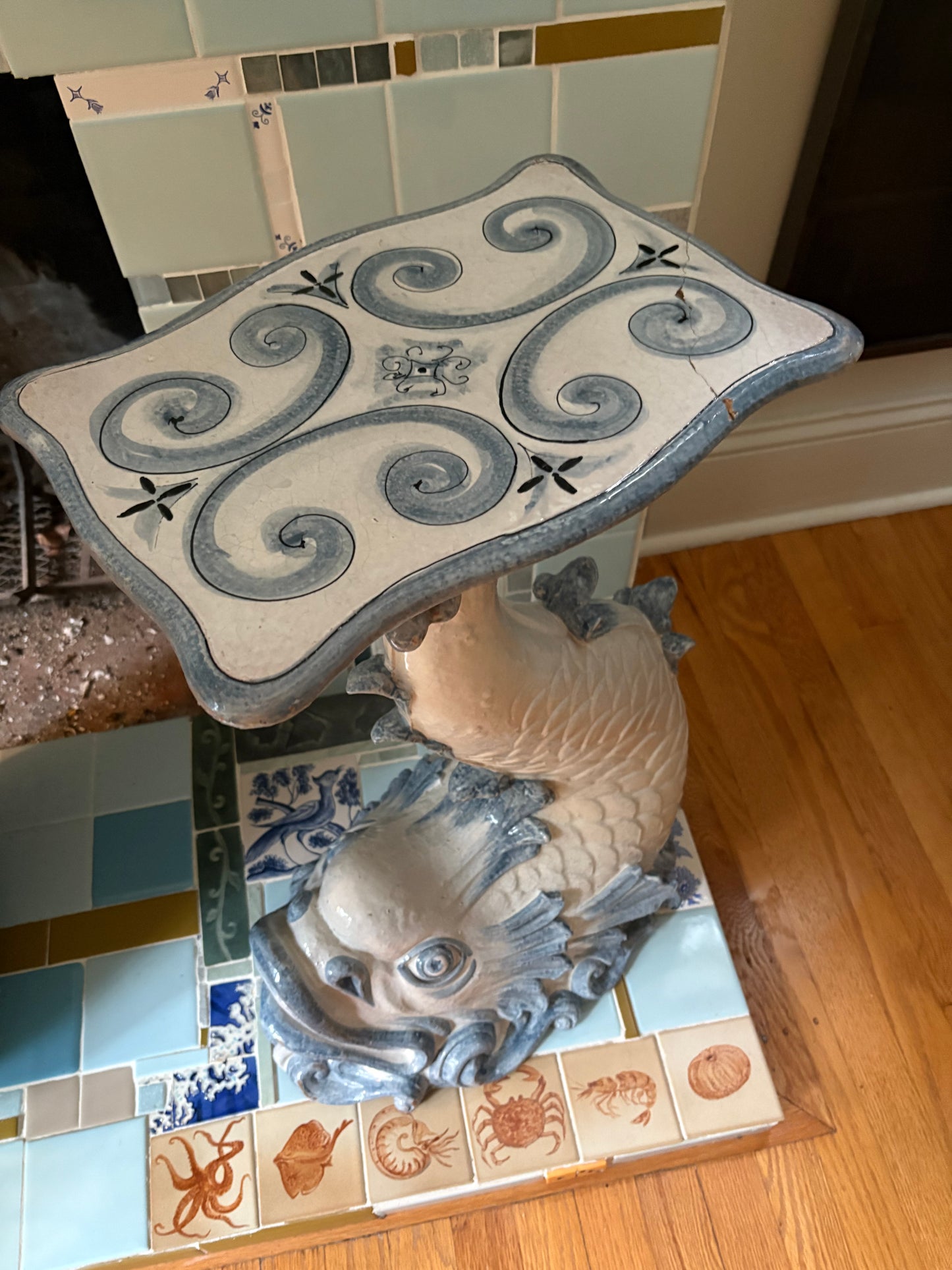 1960s Italian Majolica Sea Serpent Ceramic Side Table