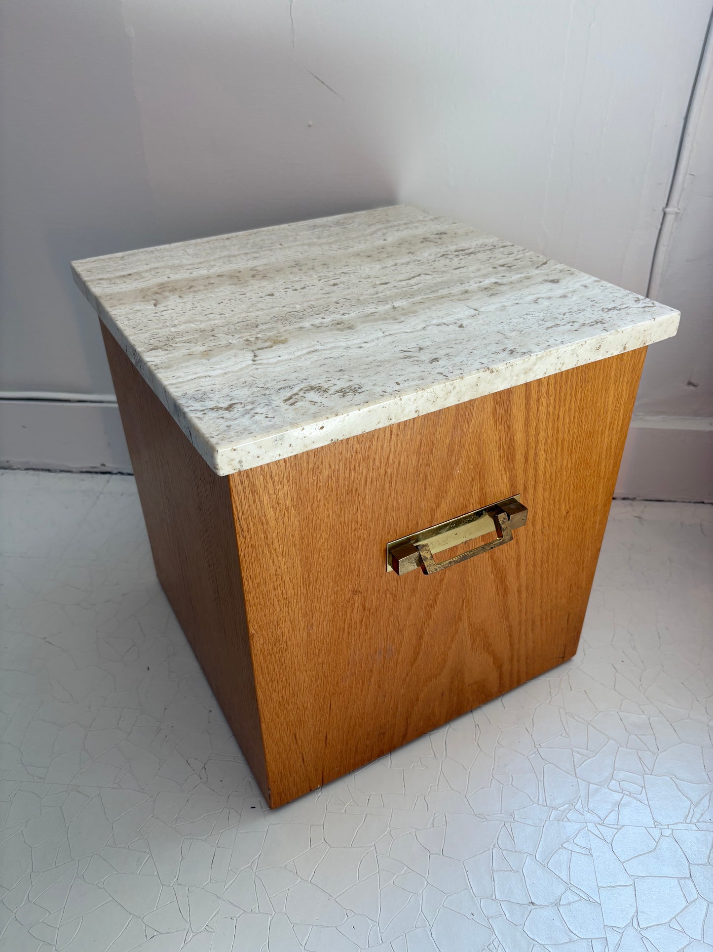 Pair of 1970s Wood and Travertine End Tables