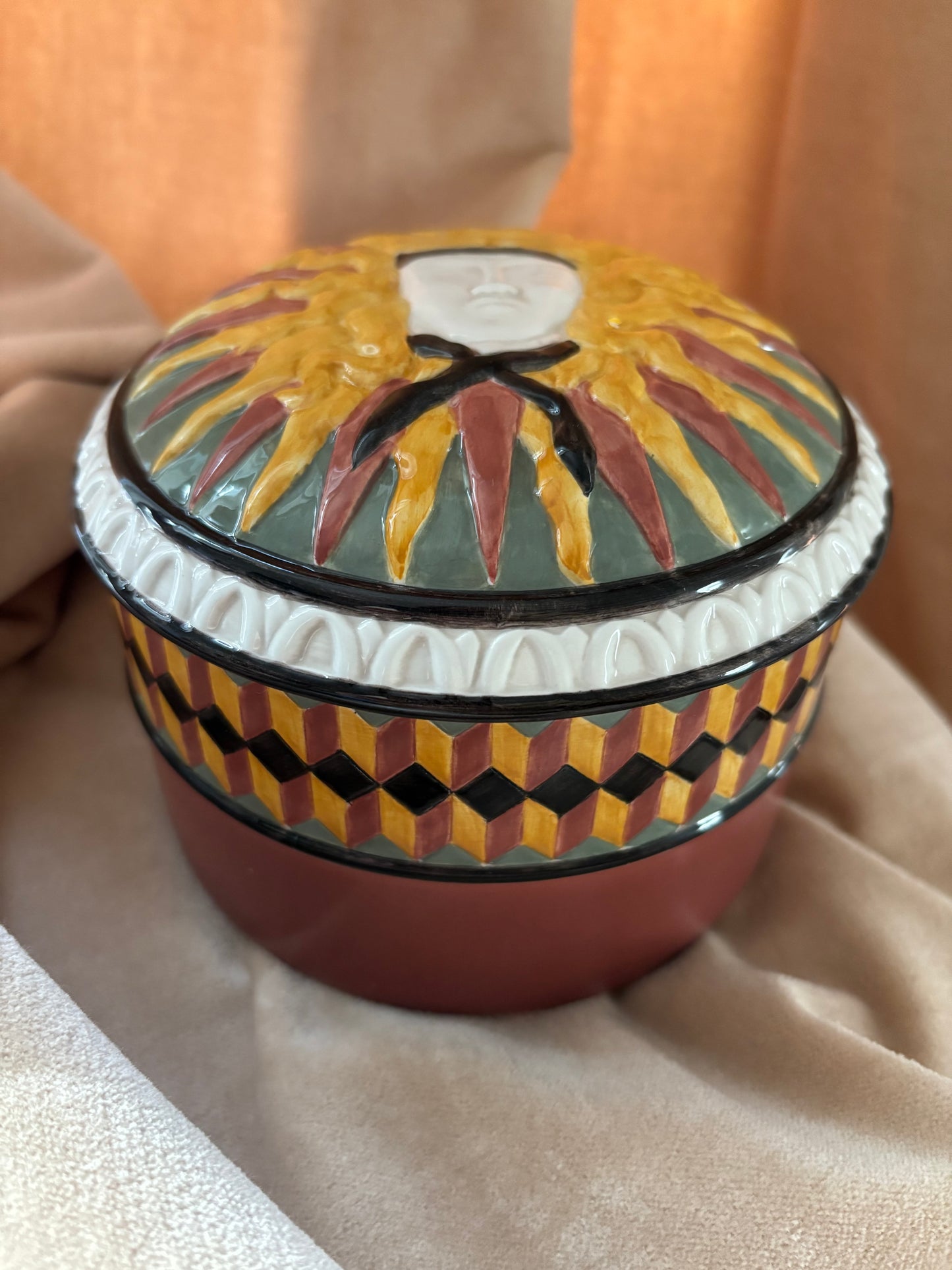 Ceramic Container with Sun Person and Geometric Design (FREE SHIPPING)
