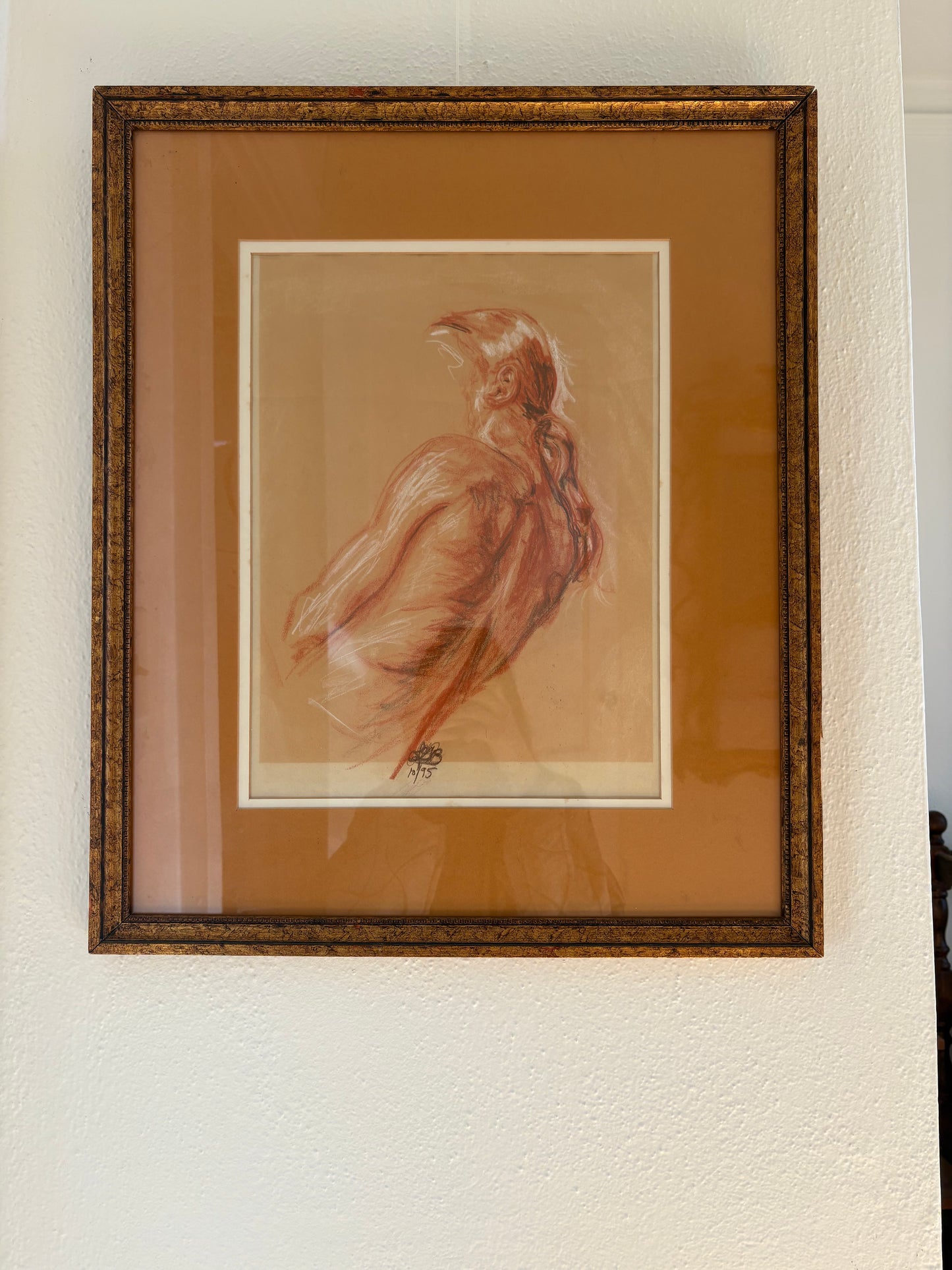 Original Pastel Figure Drawing Double Matted in Gold Frame (FREE SHIPPING)