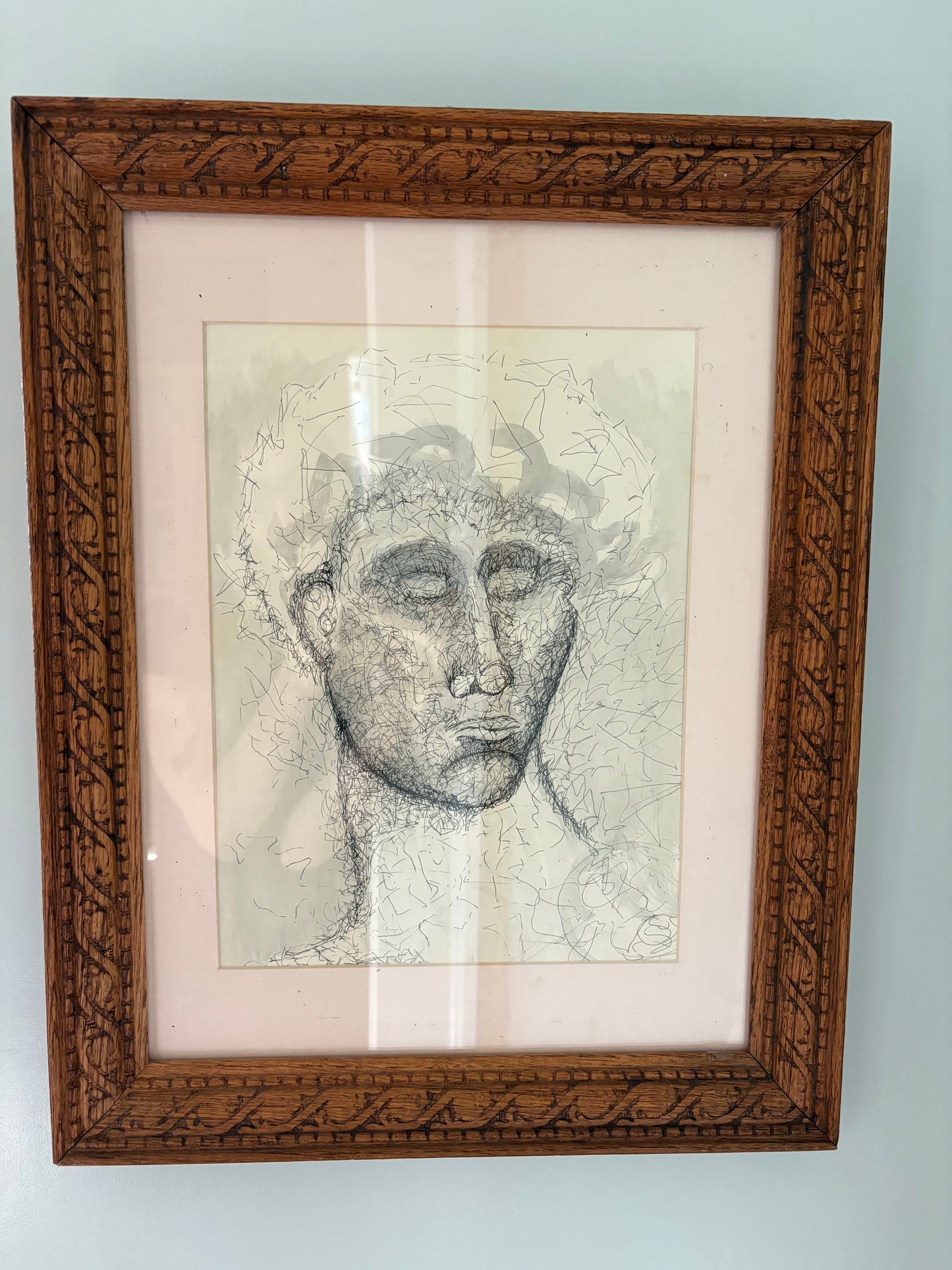 Original Bust Drawing in Antique Carved Wood Frame (FREE SHIPPING)