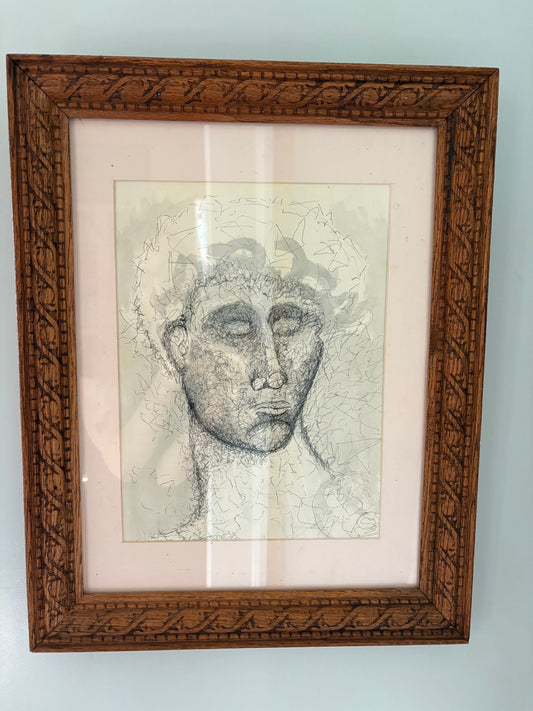 Original Bust Drawing in Antique Carved Wood Frame (FREE SHIPPING)
