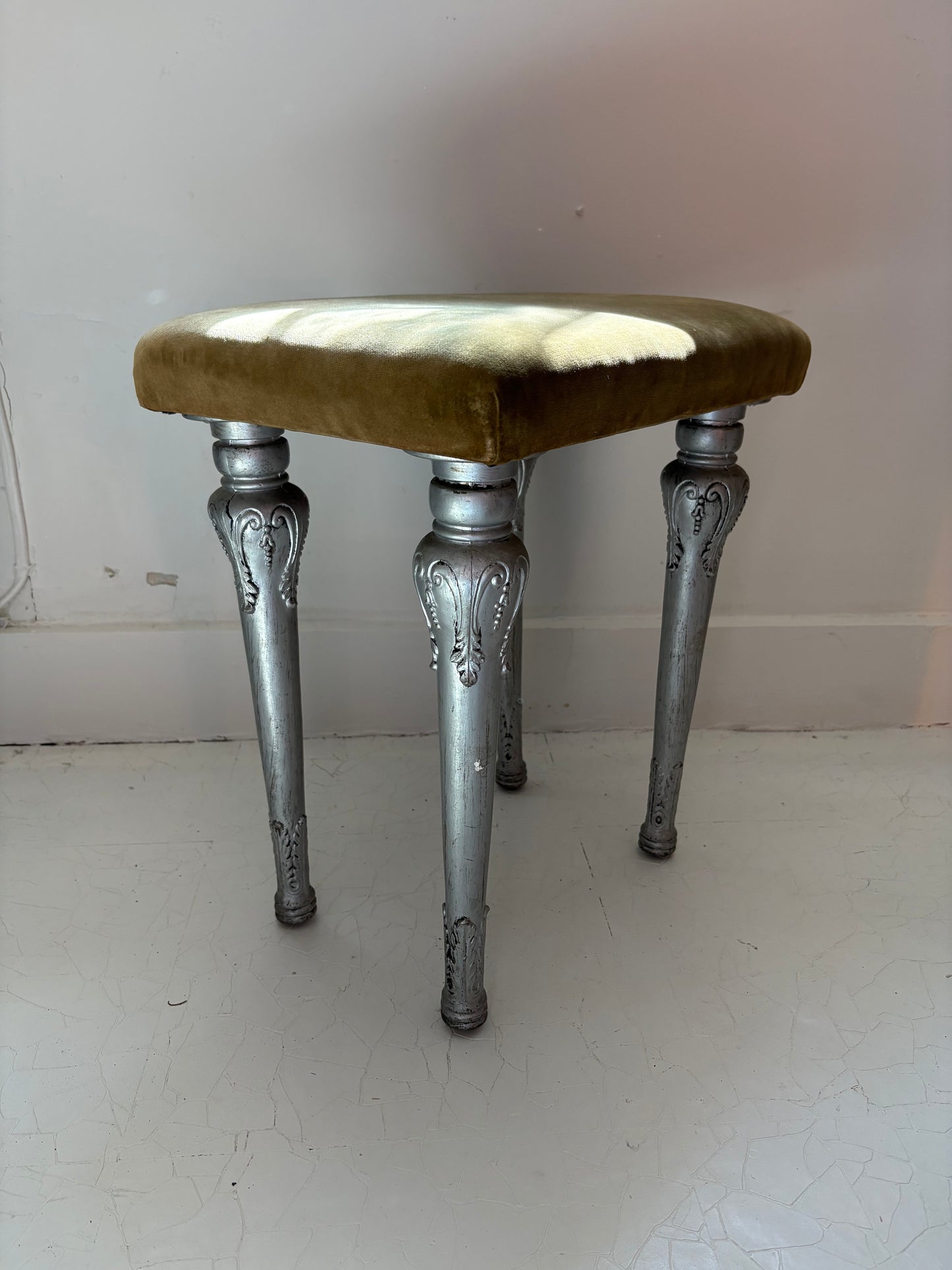 1920s Antique Silvered Cast Iron and Chartreuse Velvet Stool (FREE SHIPPING)