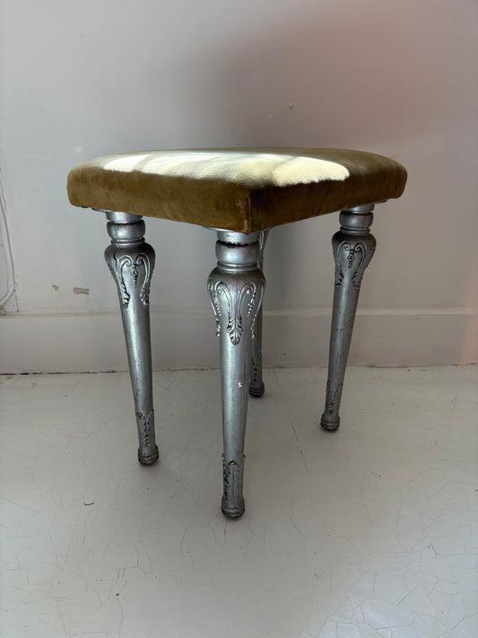 1920s Antique Silvered Cast Iron and Chartreuse Velvet Stool (FREE SHIPPING)