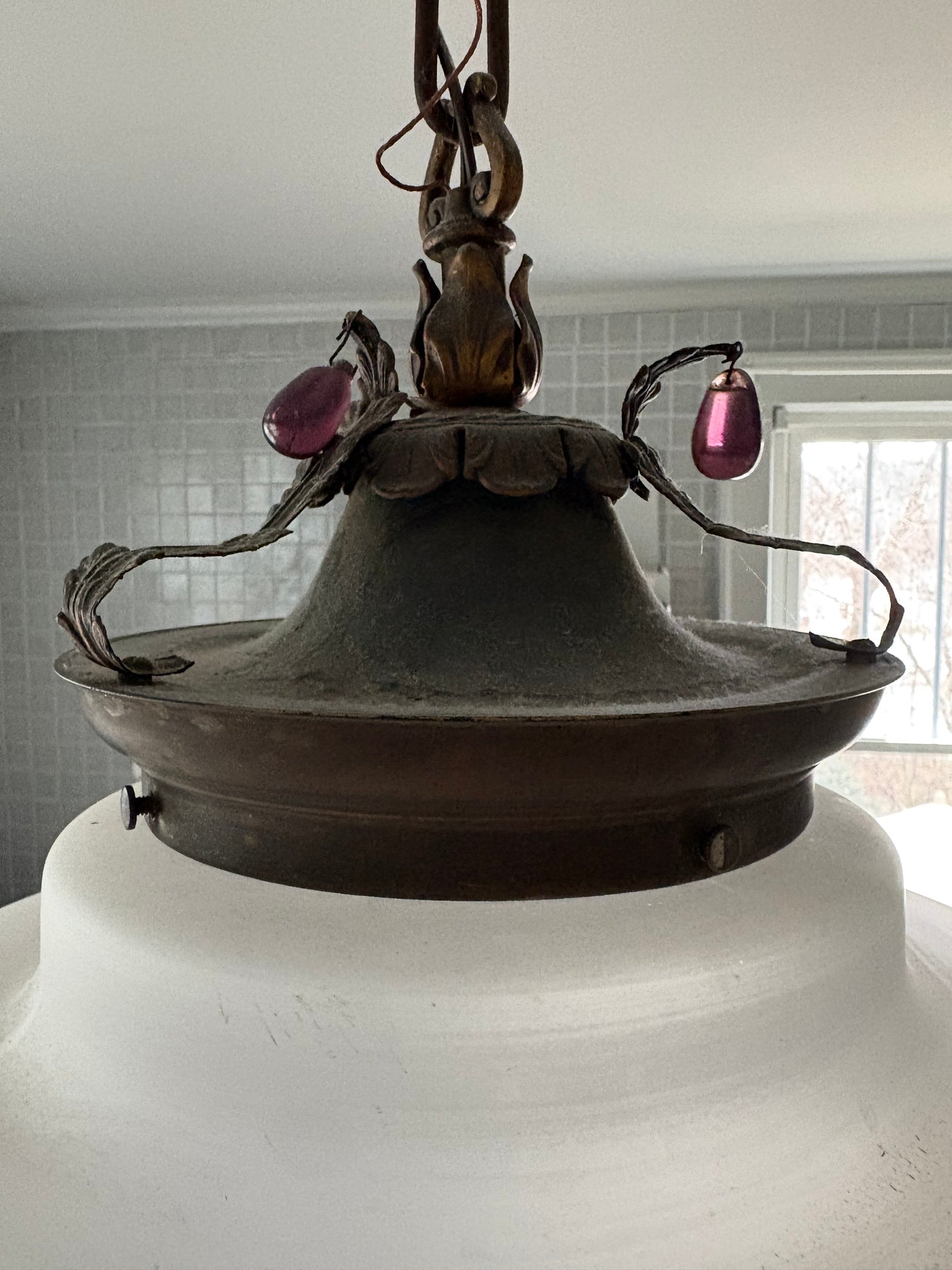 1930s Pendant Light with Glass Globe and Brass Canopy (FREE SHIPPING)