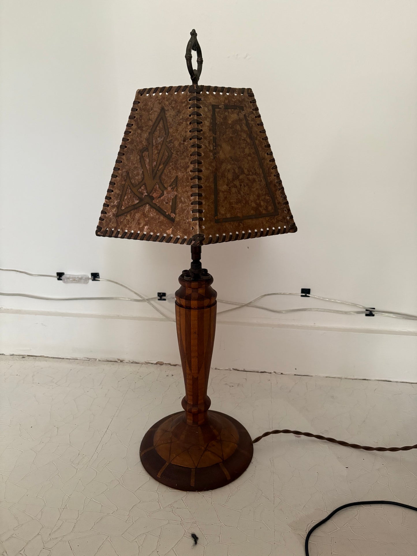 1940s Parquetry Table Lamp with 1920s Mica Shade (FREE SHIPPING)