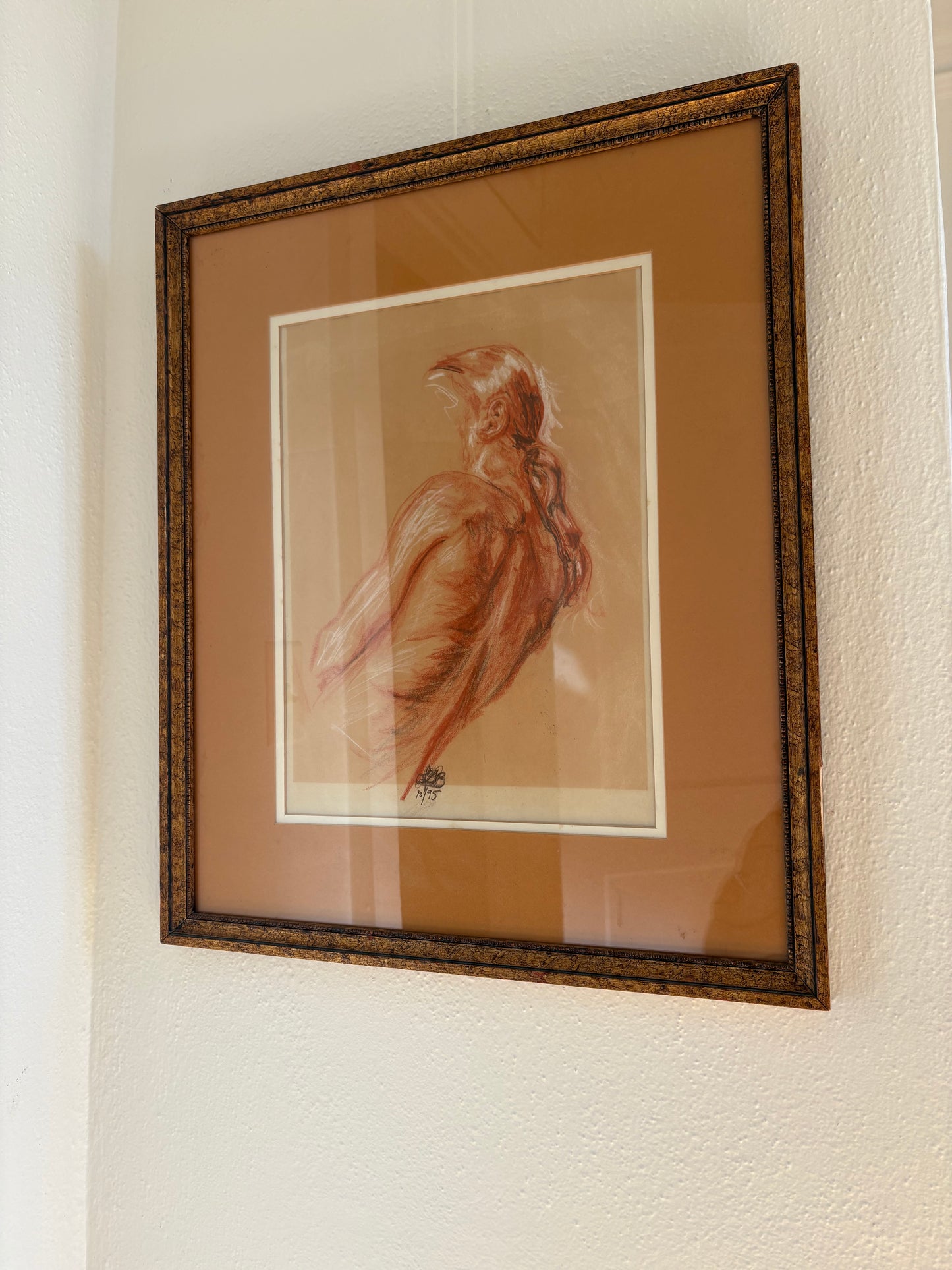 Original Pastel Figure Drawing Double Matted in Gold Frame (FREE SHIPPING)