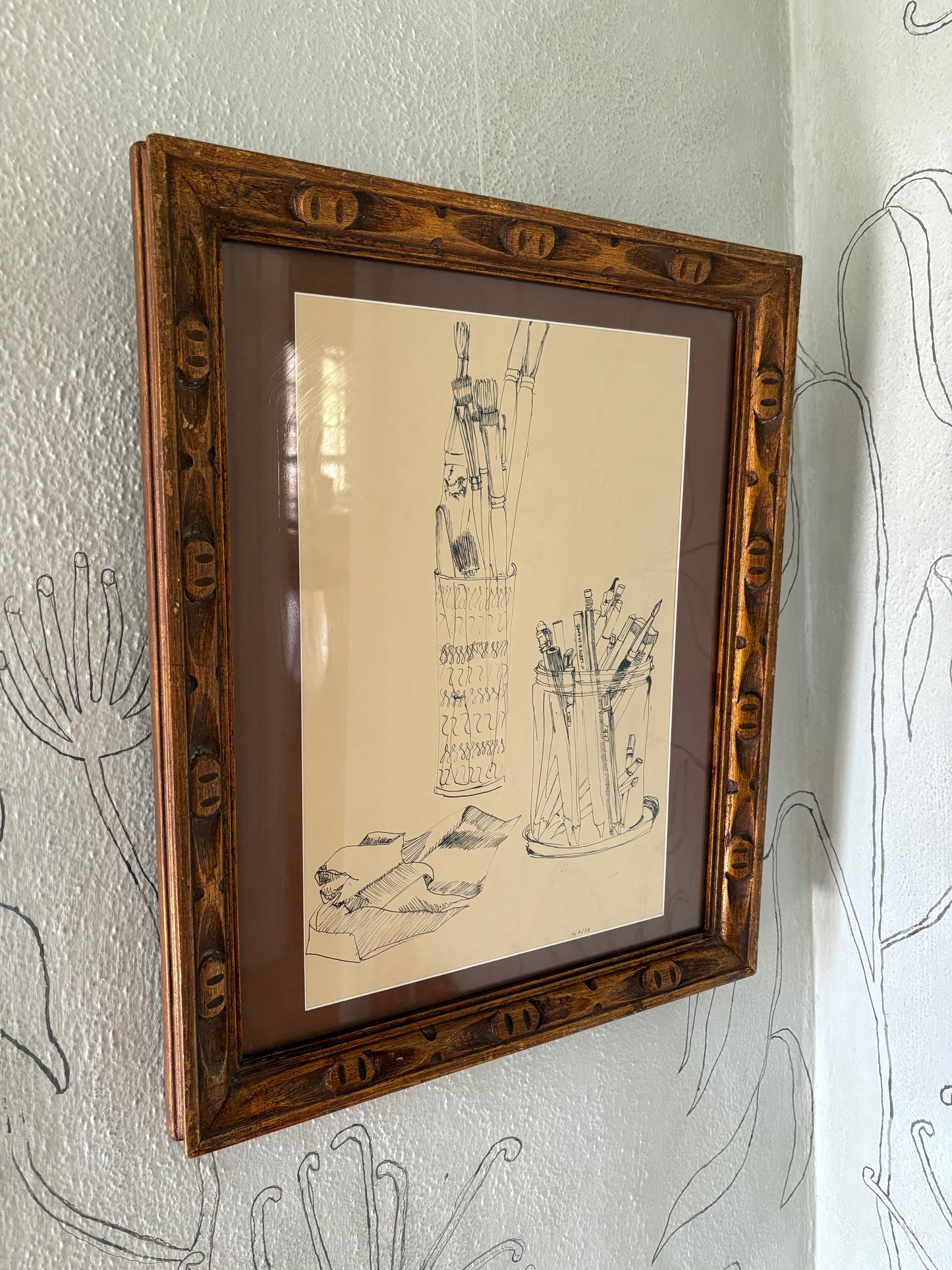 Ink Drawing of Artist Items in Vintage Frame (FREE SHIPPING)