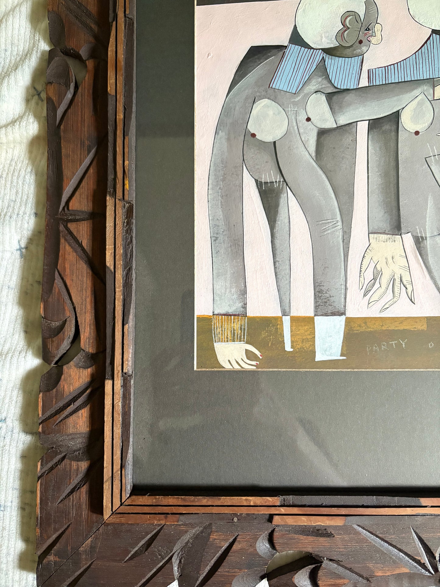 Modern Figurative Mixed Medium Original in Antique Carved Wood Frame (FREE SHIPPING)