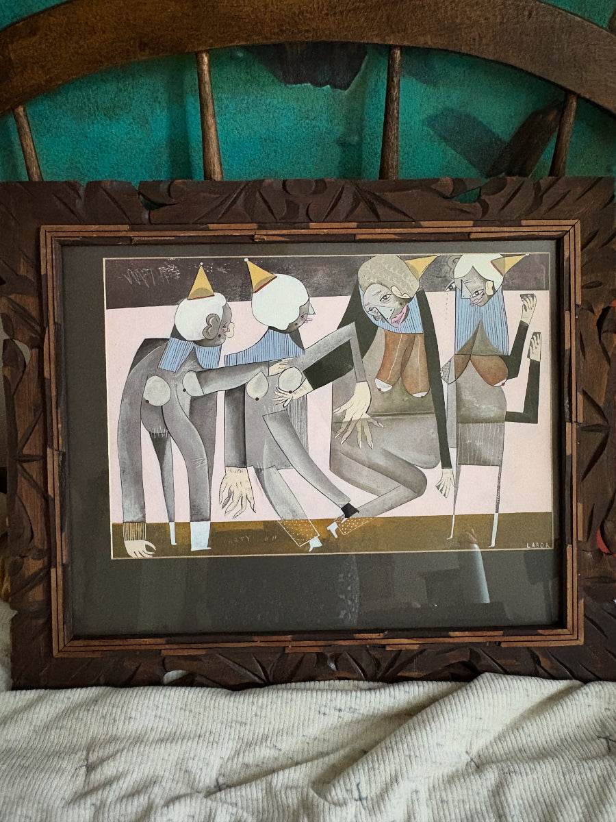 Modern Figurative Mixed Medium Original in Antique Carved Wood Frame (FREE SHIPPING)