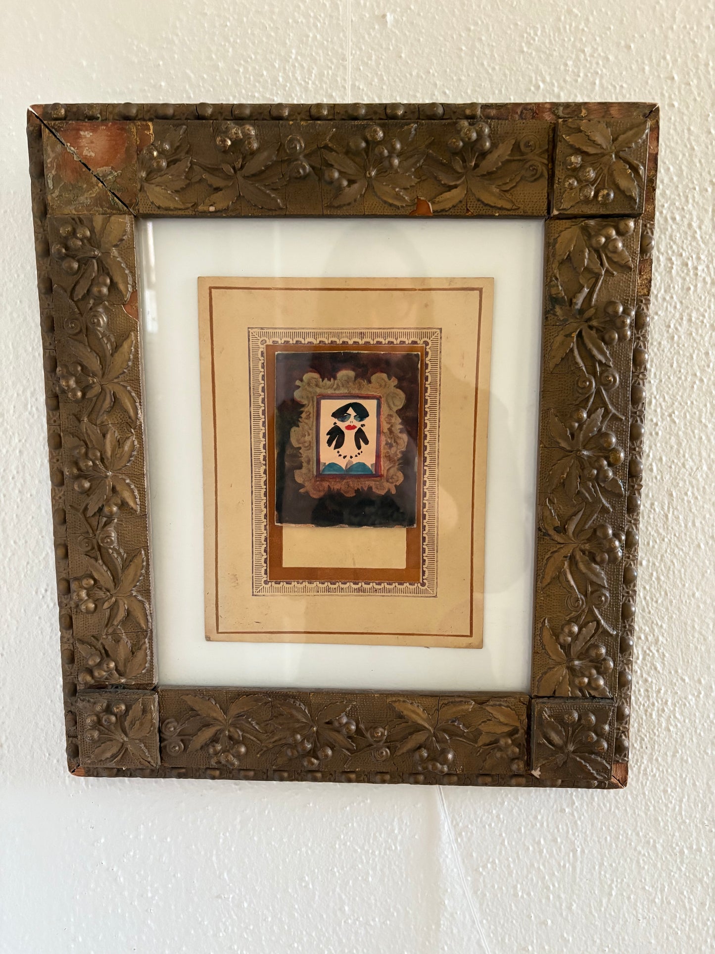 Miniature Watercolor Portrait in Floating Mats and Antique Frame (FREE SHIPPING)