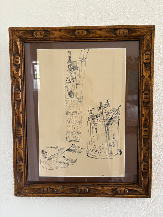 Ink Drawing of Artist Items in Vintage Frame (FREE SHIPPING)