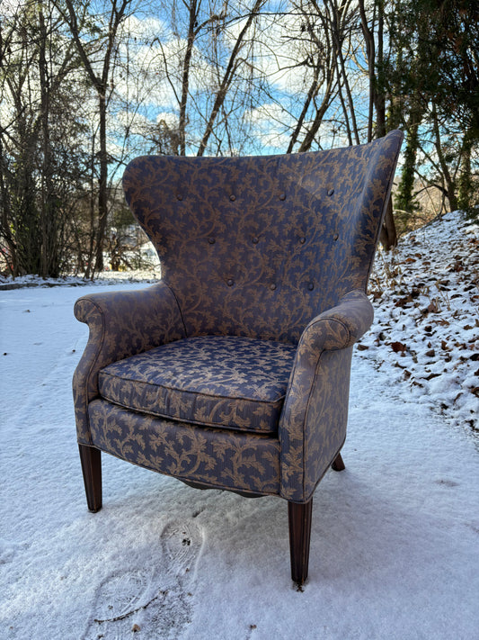 1960s Butterfly Wingback Chair Upholstered in Periwinkle Silk Fabric