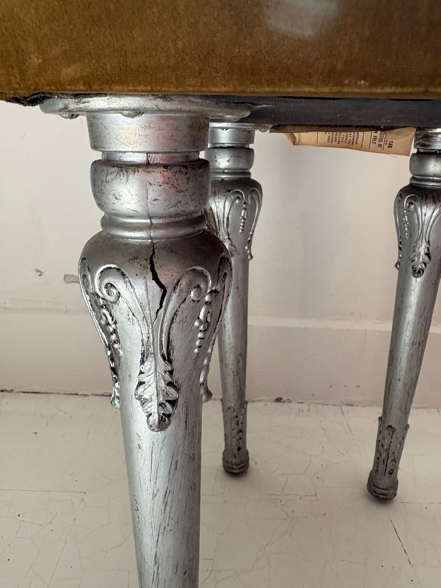 1920s Antique Silvered Cast Iron and Chartreuse Velvet Stool (FREE SHIPPING)