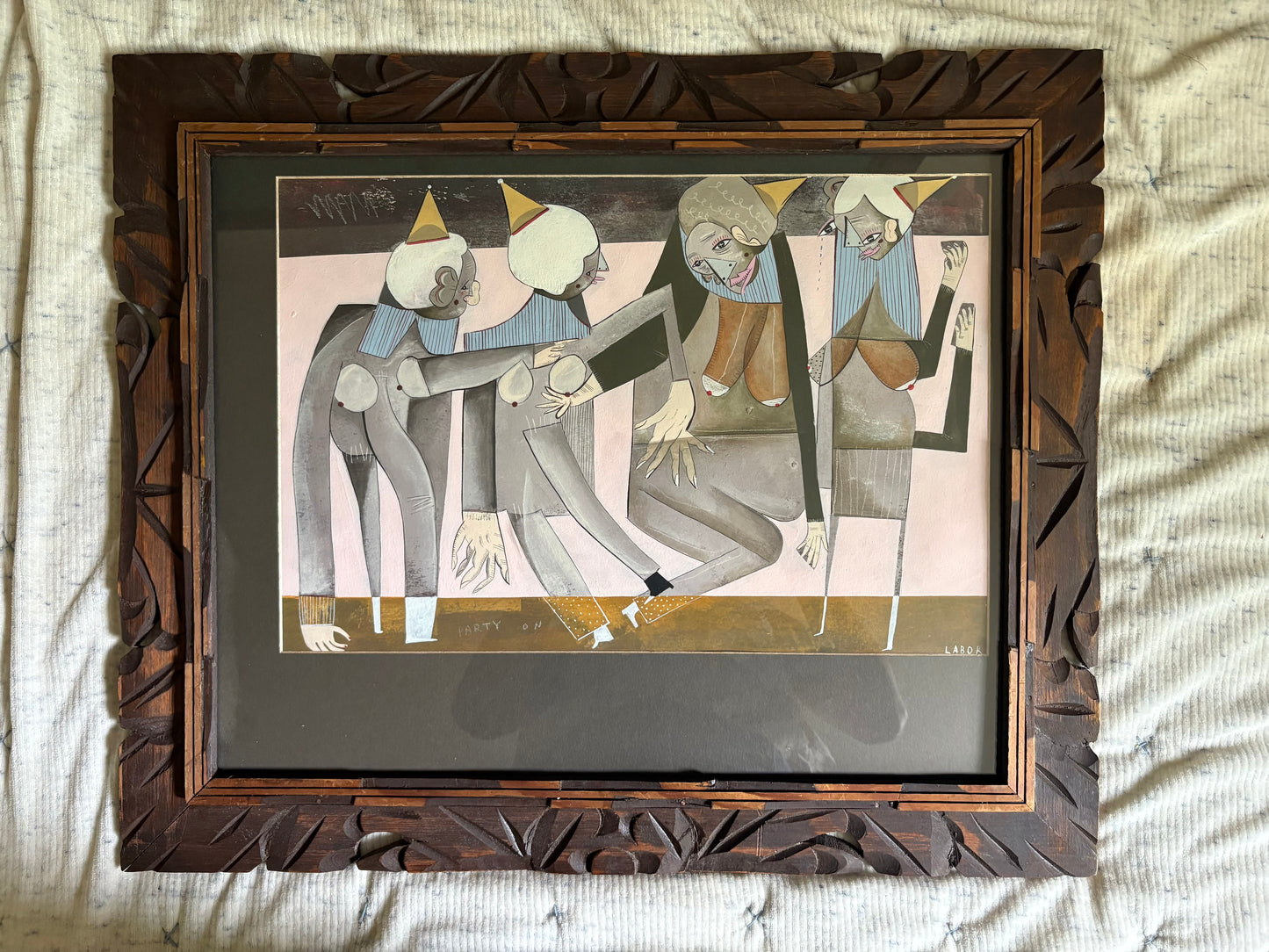Modern Figurative Mixed Medium Original in Antique Carved Wood Frame (FREE SHIPPING)