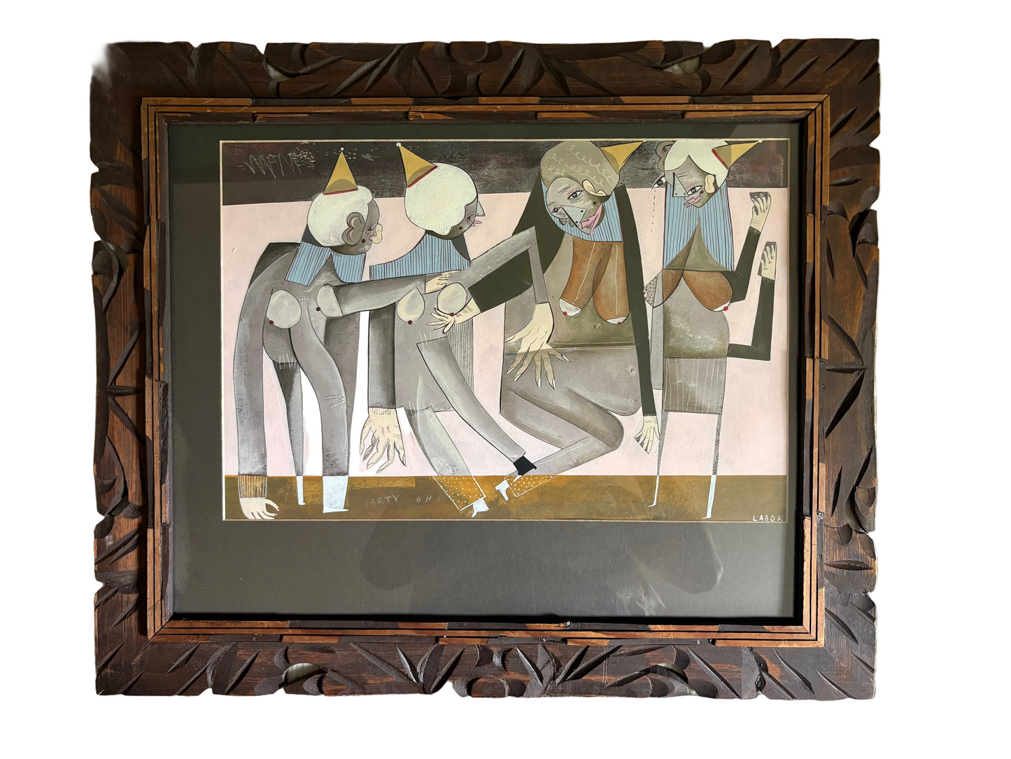 Modern Figurative Mixed Medium Original in Antique Carved Wood Frame (FREE SHIPPING)
