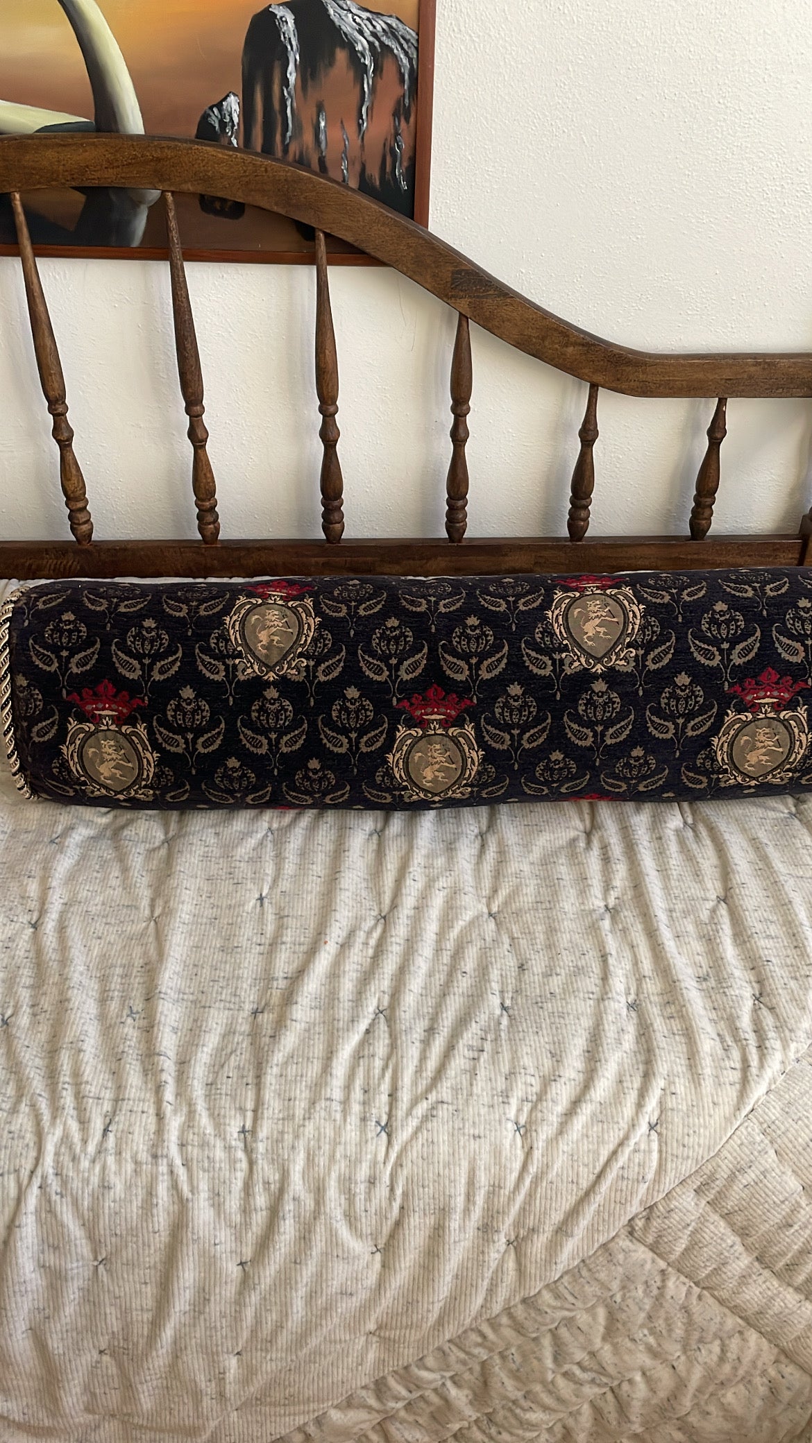 Custom Bolster with Tapestry Fabric and Roped Piping