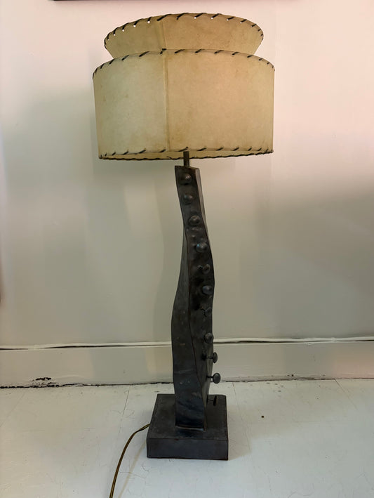 Modernist Hammered Metal Lamp with 1950s Shade (FREE SHIPPING)