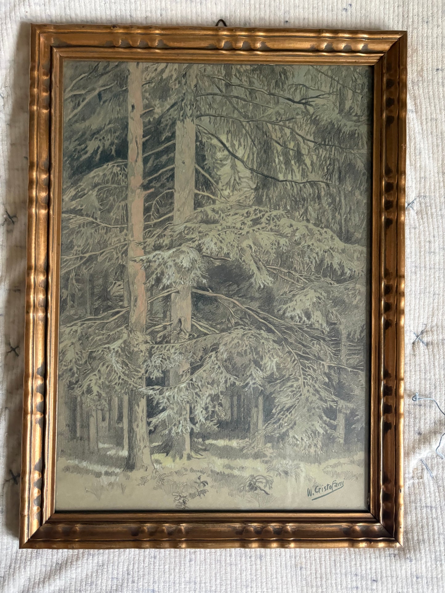 1925 Original Pastel and Graphite Drawing of a Forest Scene in Gilt Frame (FREE SHIPPING)
