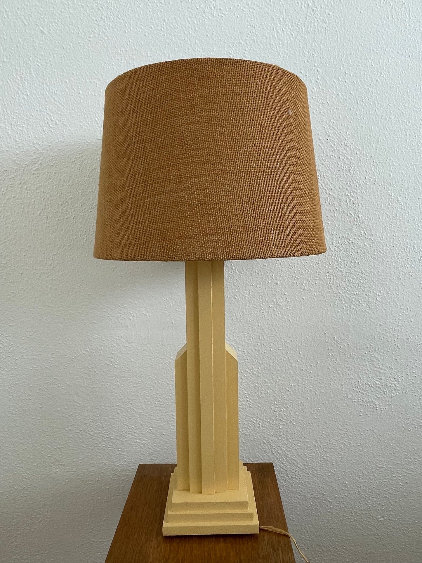 1950s Skyscraper Style Stacked Wood Lamp With Burlap Shade