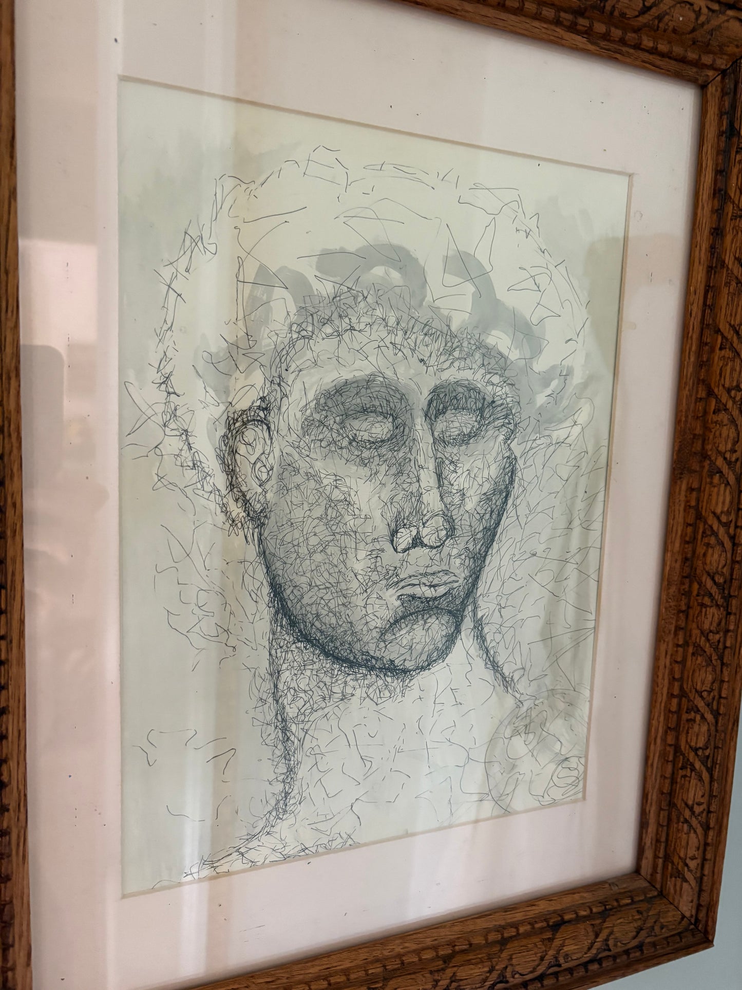 Original Bust Drawing in Antique Carved Wood Frame (FREE SHIPPING)