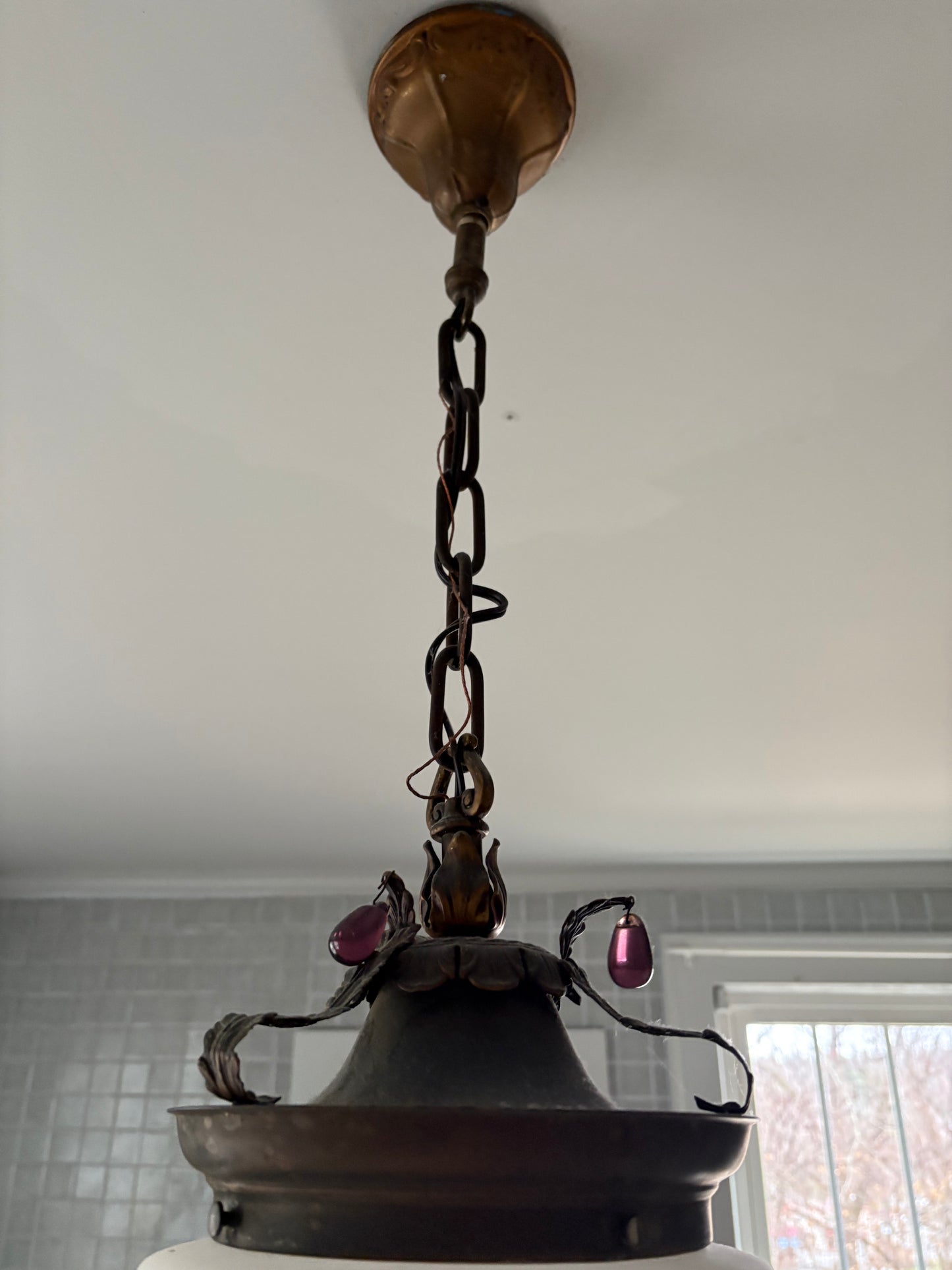 1930s Pendant Light with Glass Globe and Brass Canopy (FREE SHIPPING)