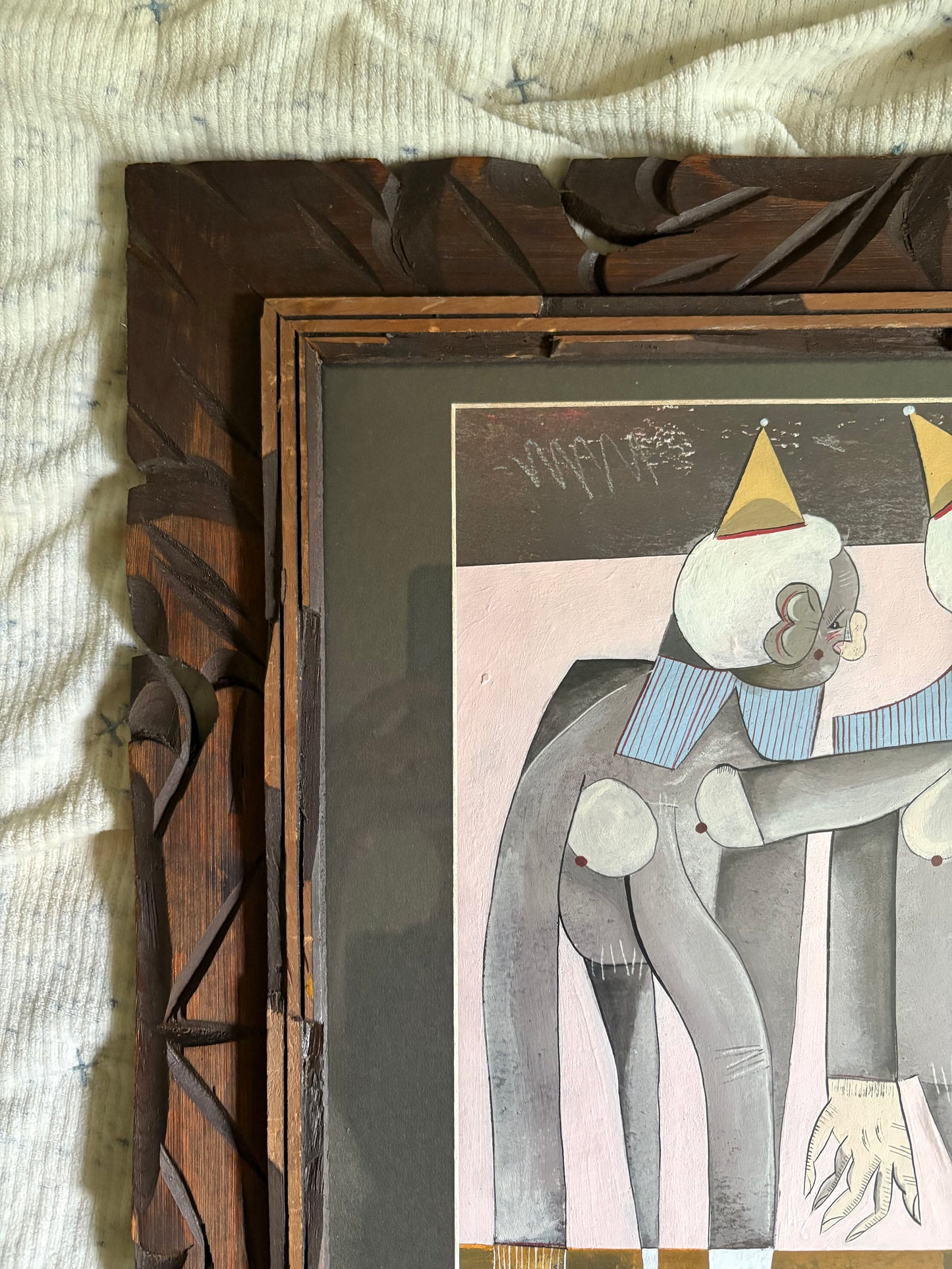 Modern Figurative Mixed Medium Original in Antique Carved Wood Frame (FREE SHIPPING)