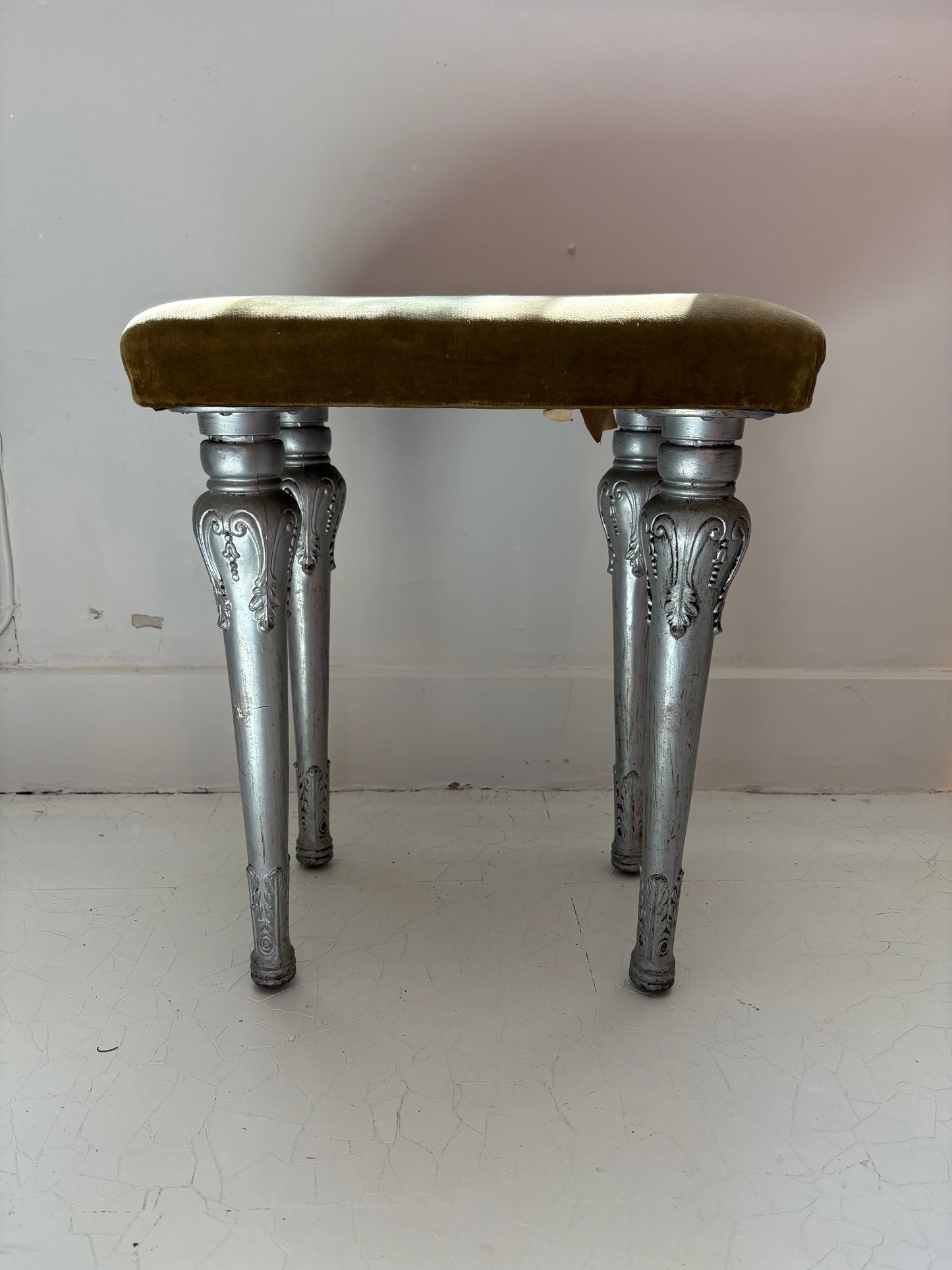 1920s Antique Silvered Cast Iron and Chartreuse Velvet Stool (FREE SHIPPING)