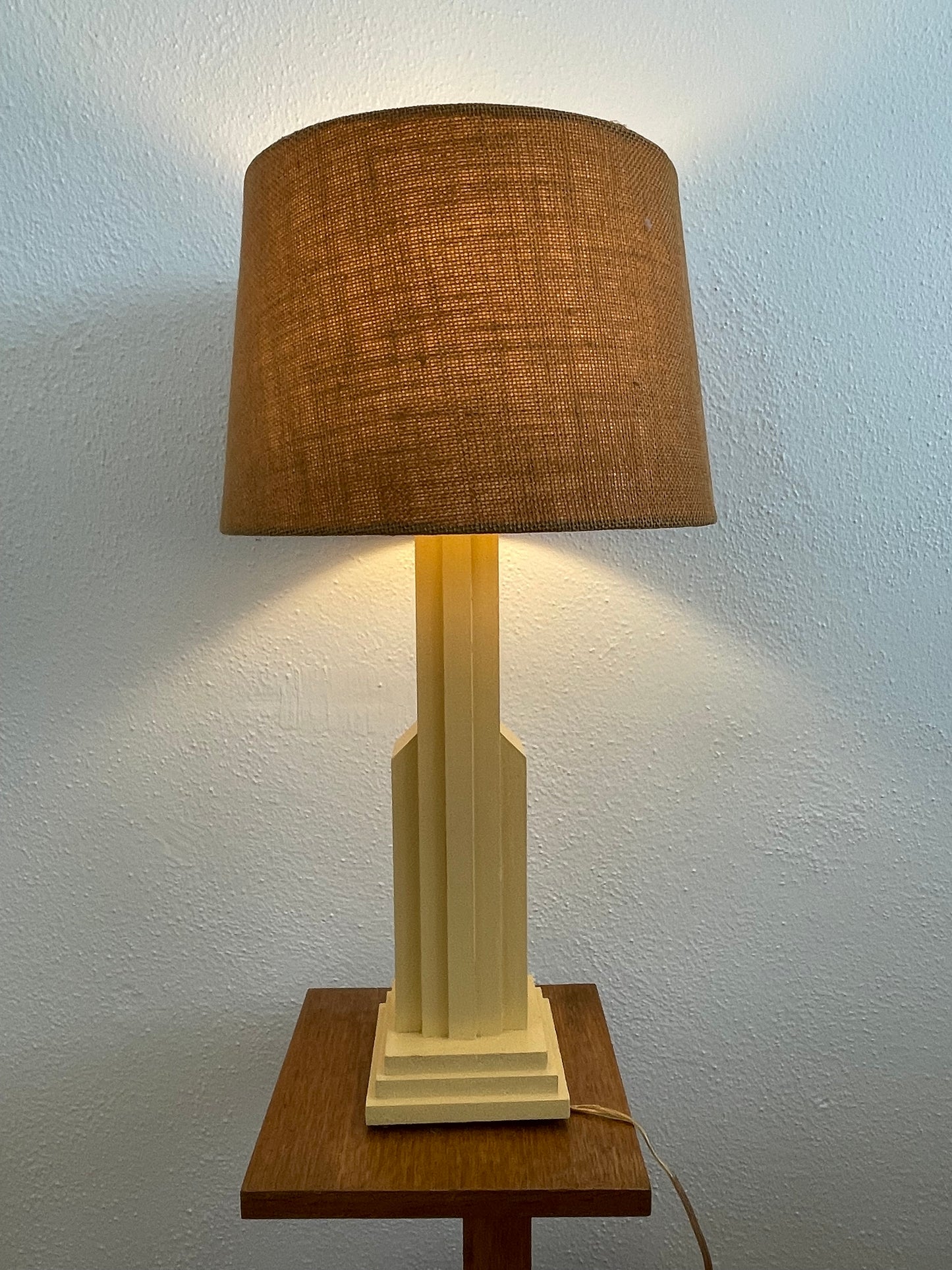 1950s Skyscraper Style Stacked Wood Lamp With Burlap Shade