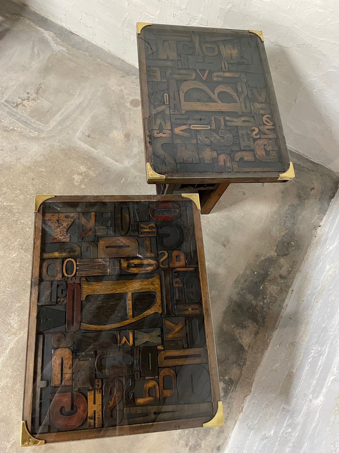 Antique Letter Press and Typecase Side Tables (Pair)