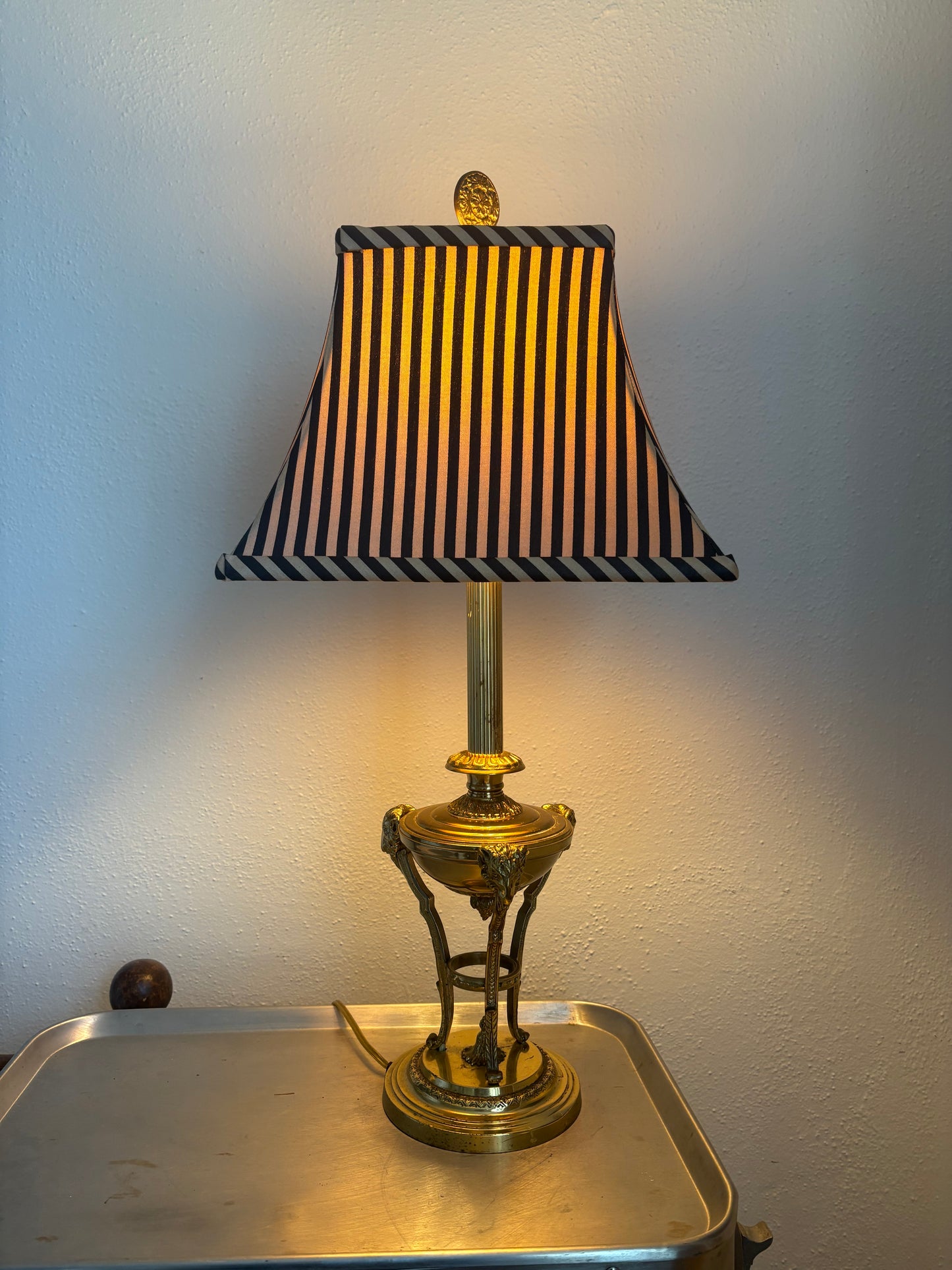1960s Hollywood Regency Brass Ram Lamp with Silk Striped Shade (FREE SHIPPING)