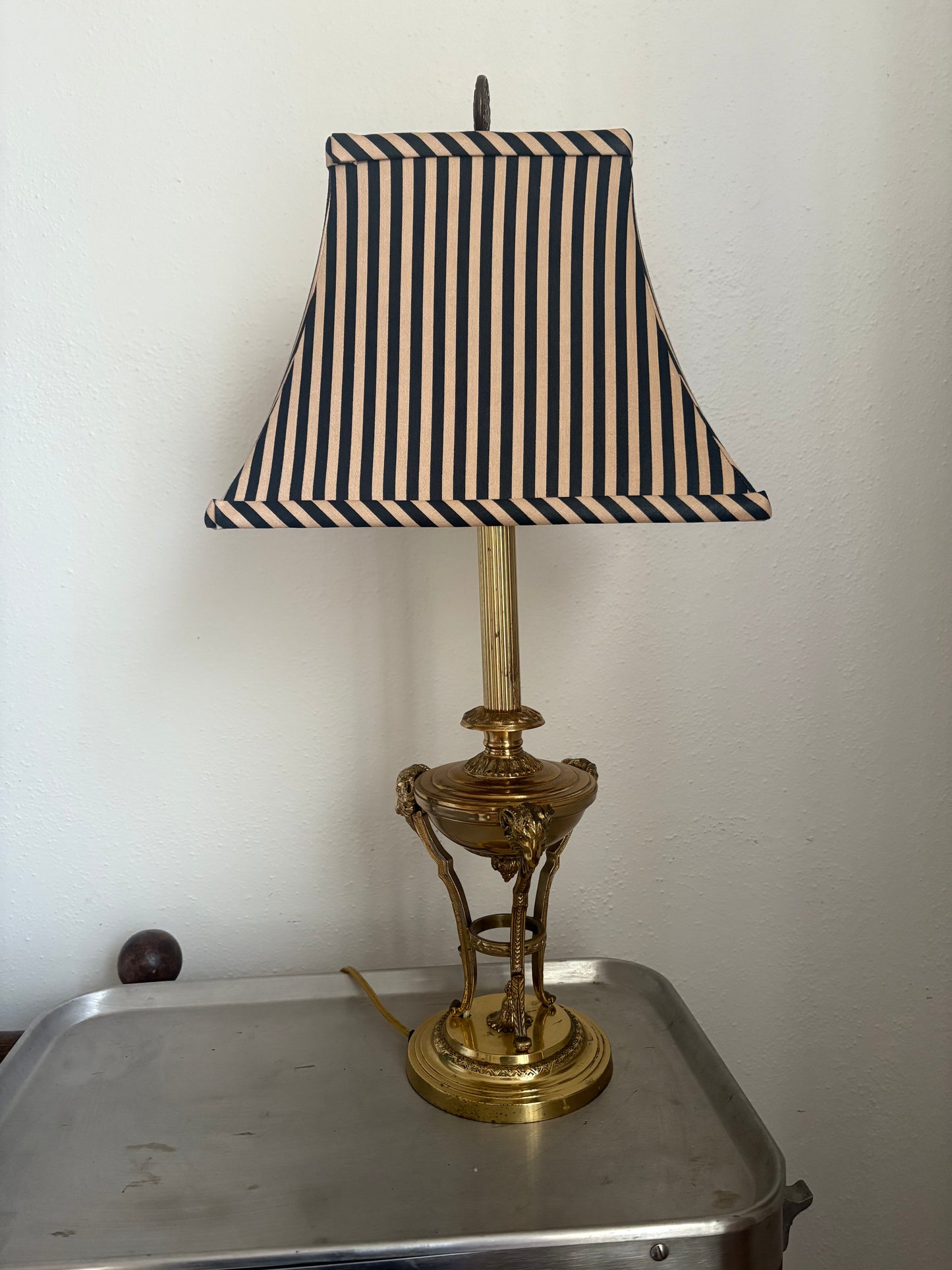 1960s Hollywood Regency Brass Ram Lamp with Silk Striped Shade (FREE SHIPPING)