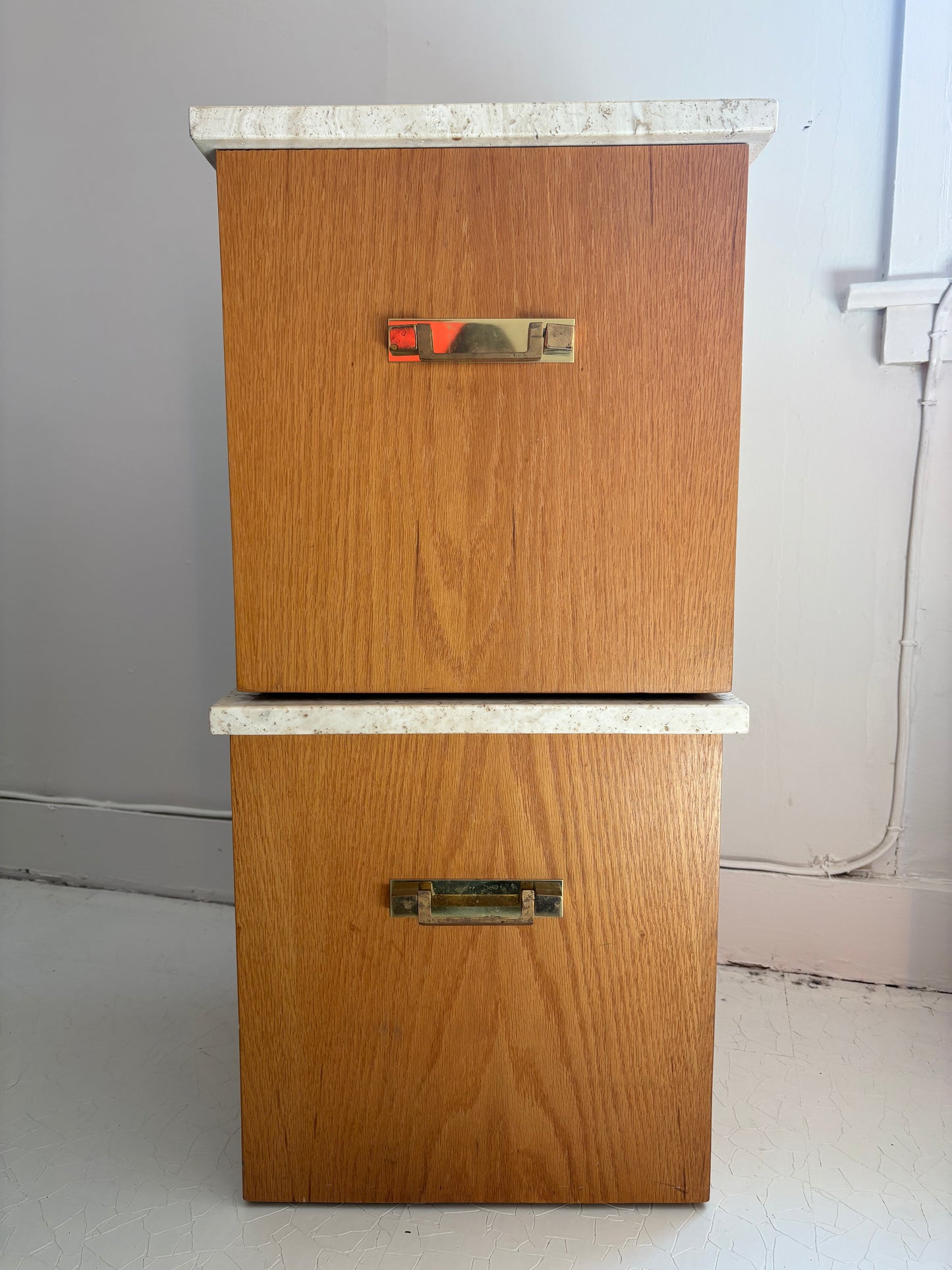 Pair of 1970s Wood and Travertine End Tables